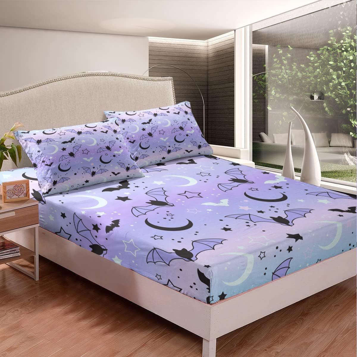 Juego de funda de edredón de Halloween, sábana bajera ajustable de arcoíris para niños y niños, diseño de murciélago, luna y estrella, juego de