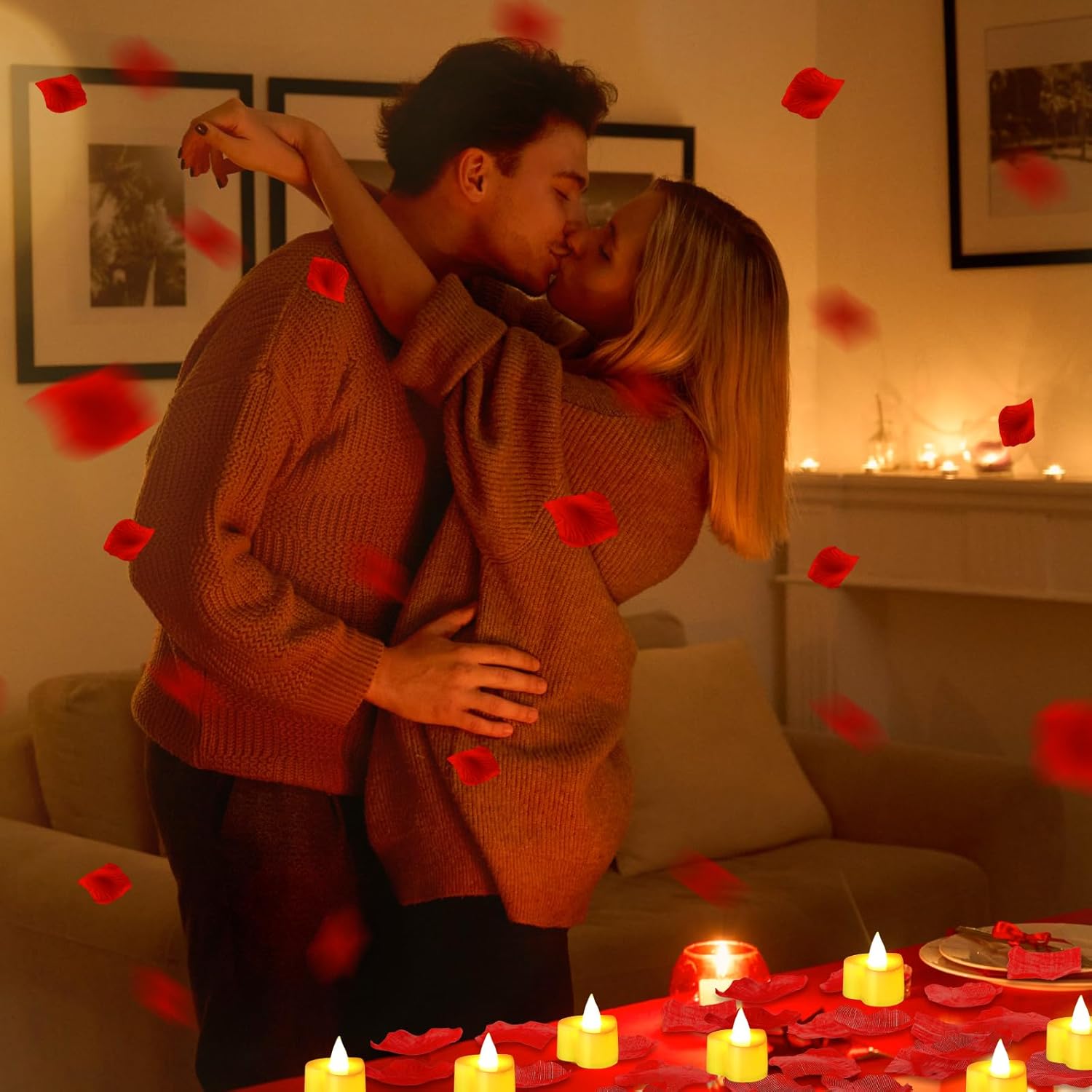 VIHOSE 4000 pétalos de rosa artificiales con 24 velas LED de té, velas LED sin llama, pétalos de rosa falsos para propuesta, boda, noche de San