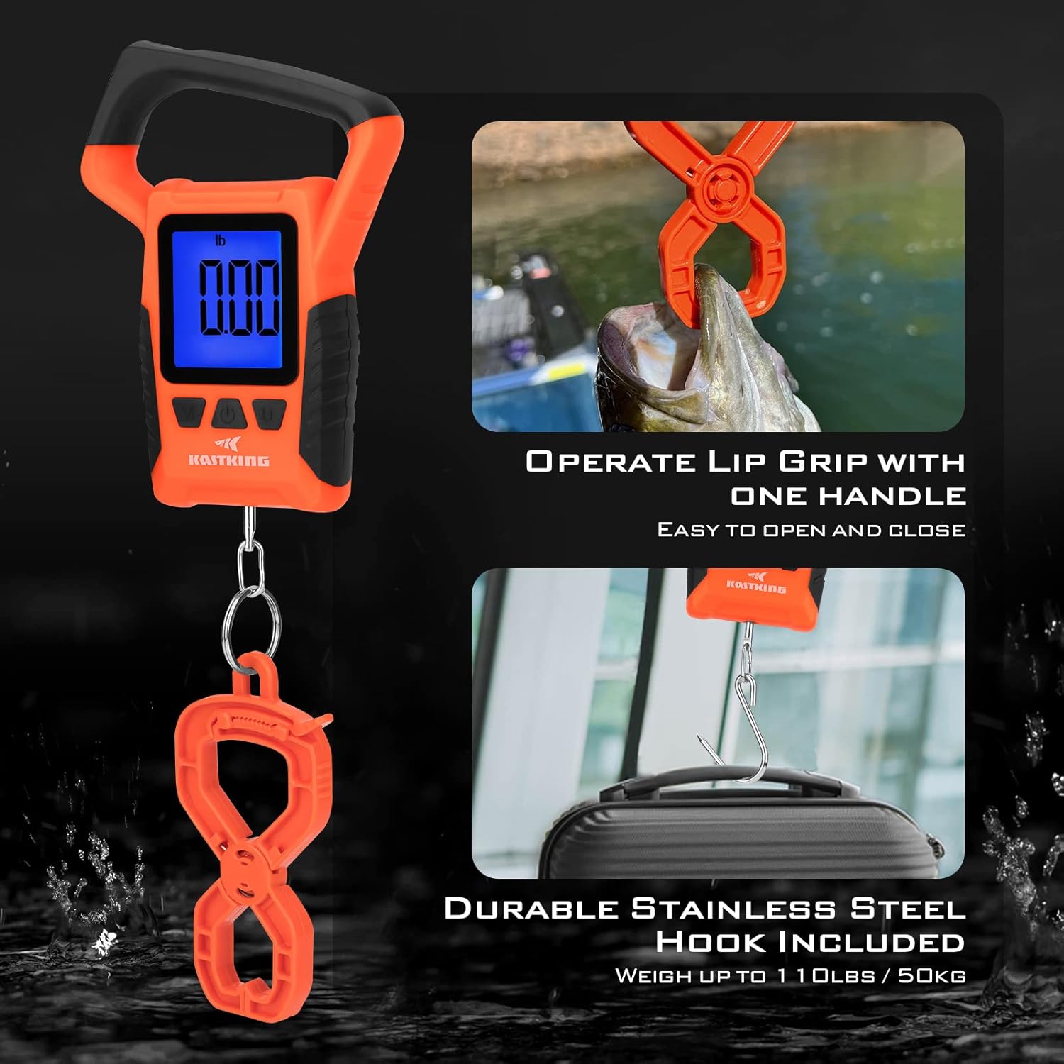 KastKing Báscula de pescado, báscula digital flotante impermeable WideView, pantalla LCD grande de 2.5 pulgadas, capacidad de 110 libras, multimodo