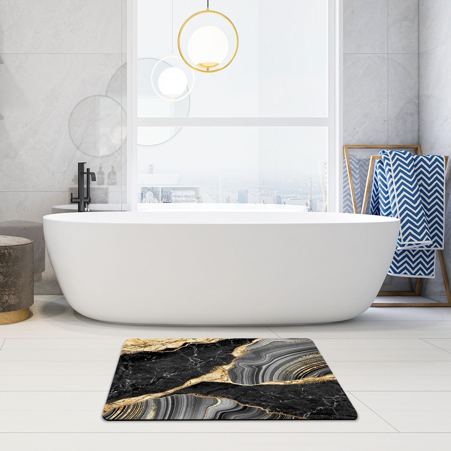 TESIQIMT Alfombra de baño, alfombra de baño de mármol negro y dorado, tapete antideslizante para decoración del hogar, tapete de barro para
