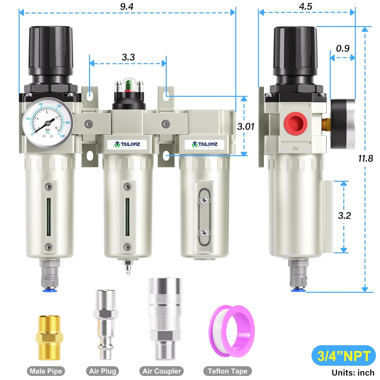 TAILONZ PNEUMATIC 0-240PSI Sistema de secado de aire de tres etapas de grado industrial NPT de 34 pulgadas, filtro de partículas, filtro