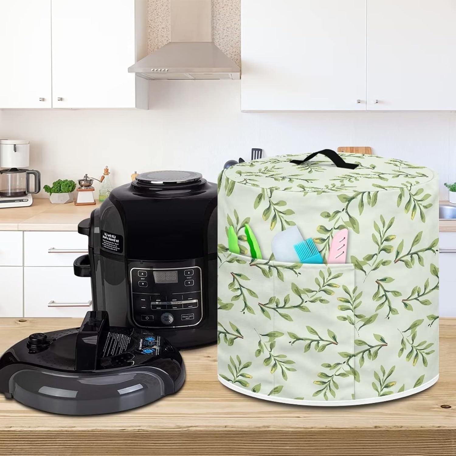 Cubierta para olla a presión con estampado de hojas verdes, cubierta de protección contra el polvo, freidora de aire y cubierta de protección, 8