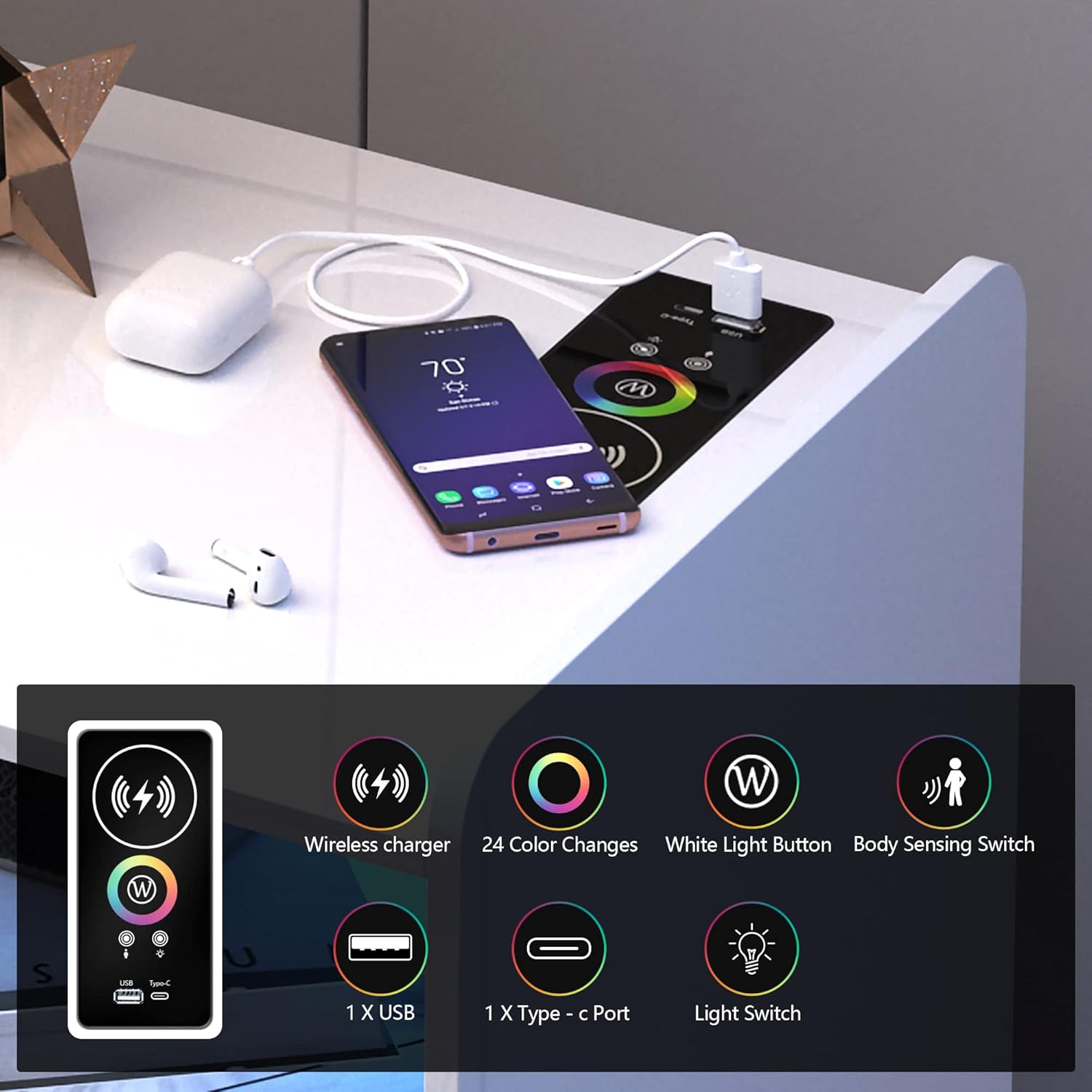 dnbss Mesita de noche LED RGB con estación de carga, moderna mesita de noche con cajones de almacenamiento de joyas, soporte de noche inteligente