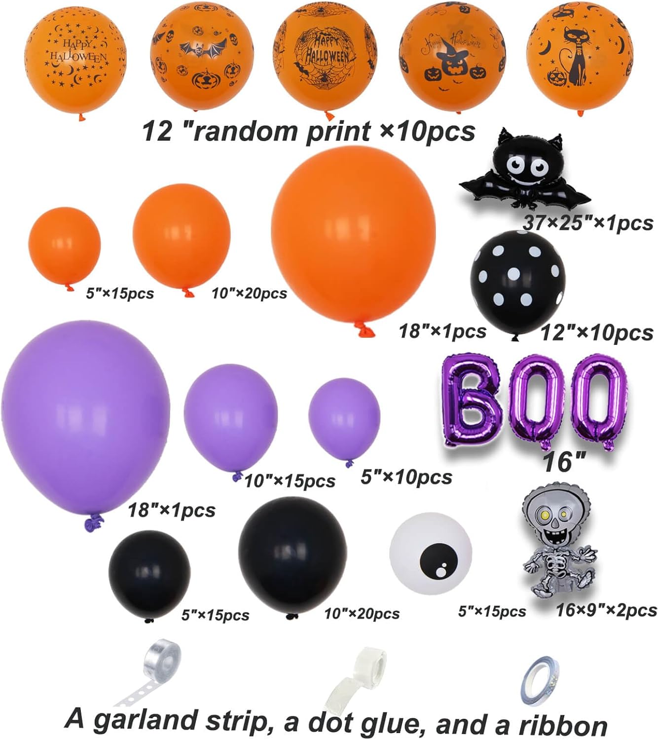 AULE Kit de arco de guirnalda de globos de Halloween de 141 piezas con mini esqueleto bailarín negro con ojos de gato negro, naranja, morado, negro,