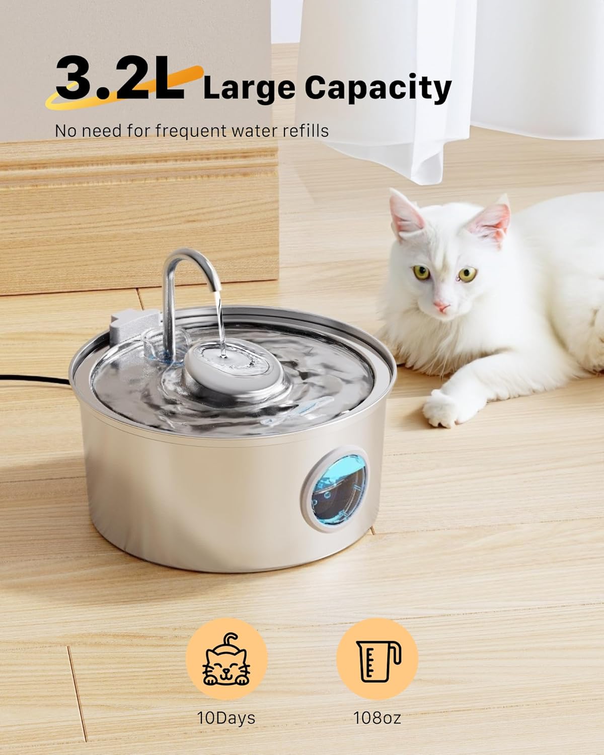 KOOGMOON Fuente de agua de acero inoxidable de 108 onzas para gatos, con ventana de nivel de agua, forma hemisférica, multifiltro, bomba silenciosa,