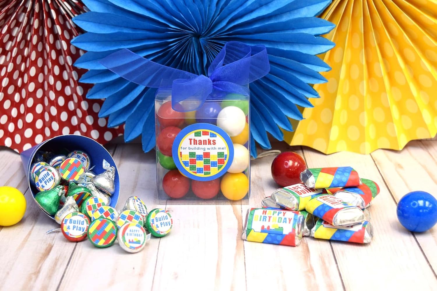 Kit de calcomanías para fiesta de cumpleaños de bloques de construcción y ladrillos, 429 piezas. Incluye 60 calcomanías circulares de 2 pulgadas