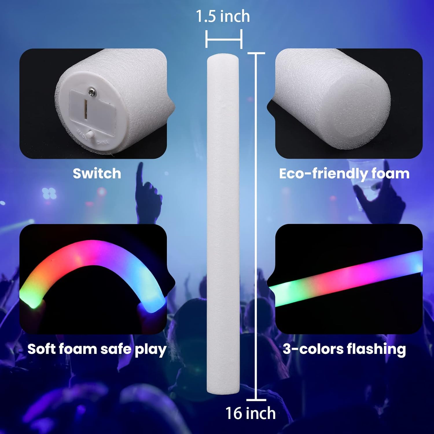 100 PCS Giant 16 Inch Foam Glow Sticks, Bulk Glow Sticks with 3 Modes Colorful Flashing, LED Light Stick Gift, Glow in Dark Party Supplies for
