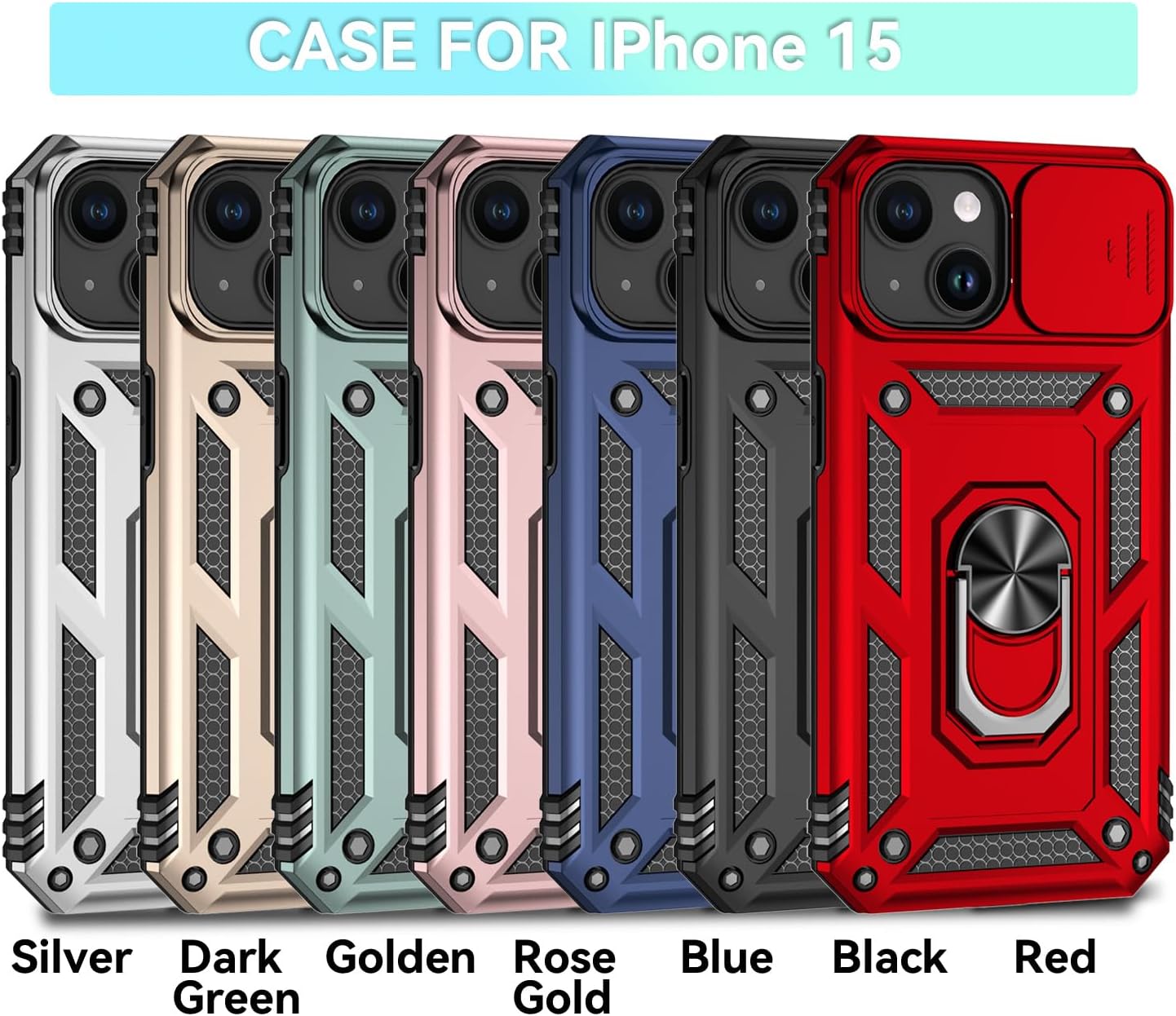 Hitaoyou Funda compatible con iPhone 15, iPhone 15 con funda para cámara y soporte, grado militar, a prueba de golpes, resistente, con soporte