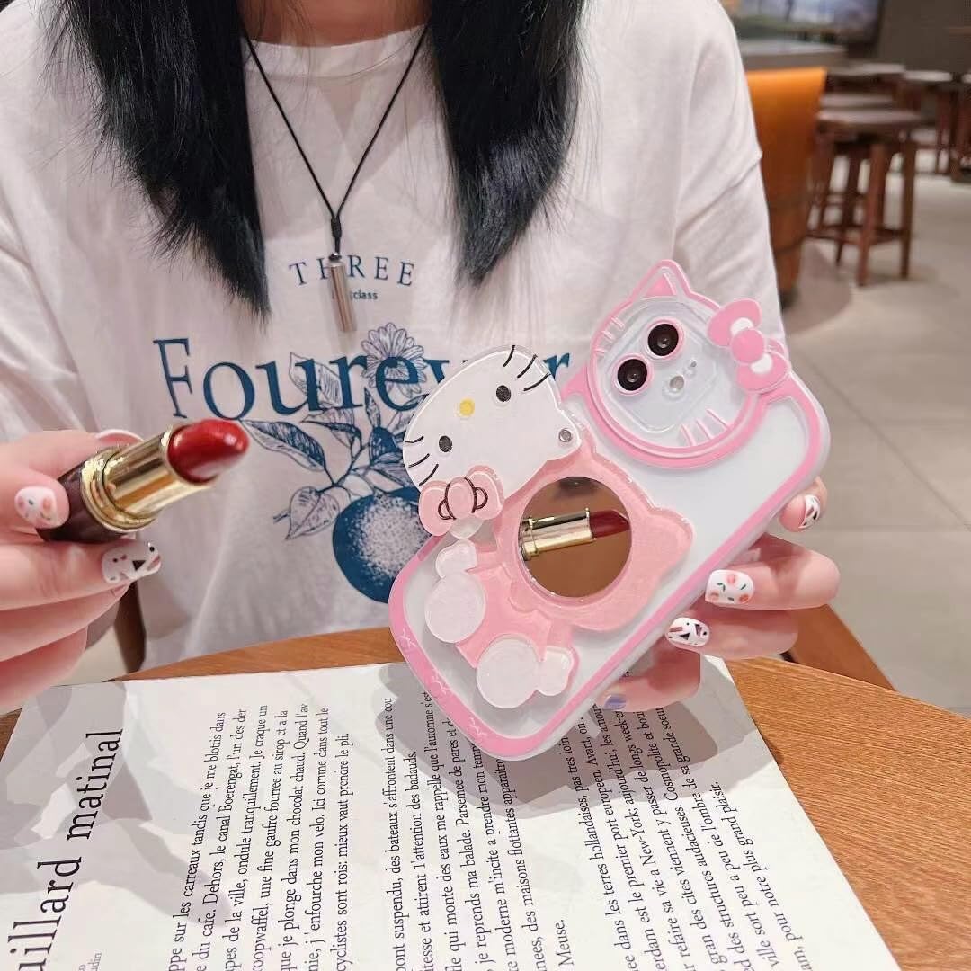 Olntun for iPhone 11 Cute Cartoon Cat Case,3D Bow Kawaii Pink Cartoon Cat Face Makeup Mirror Women Girls Kids Soft TPU Clear Protective Phone Cover
