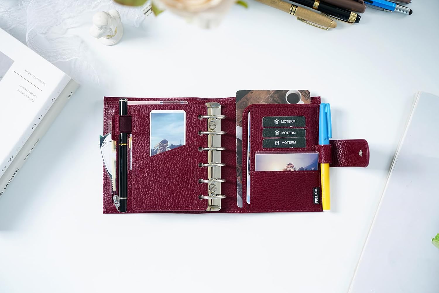 Moterm Pocket Luxe – Planificador de anillos  Organizador de carpeta de cuero genuino (anillo de 1.18 pulgadas, diseño de remolacha de guijarro