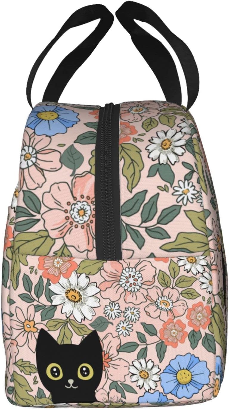 HIZUWKY Lonchera con diseño floral de gato negro, reutilizable, aislada, para adolescentes, niñas, niños, mujeres, para escuela, viajes, picnic,