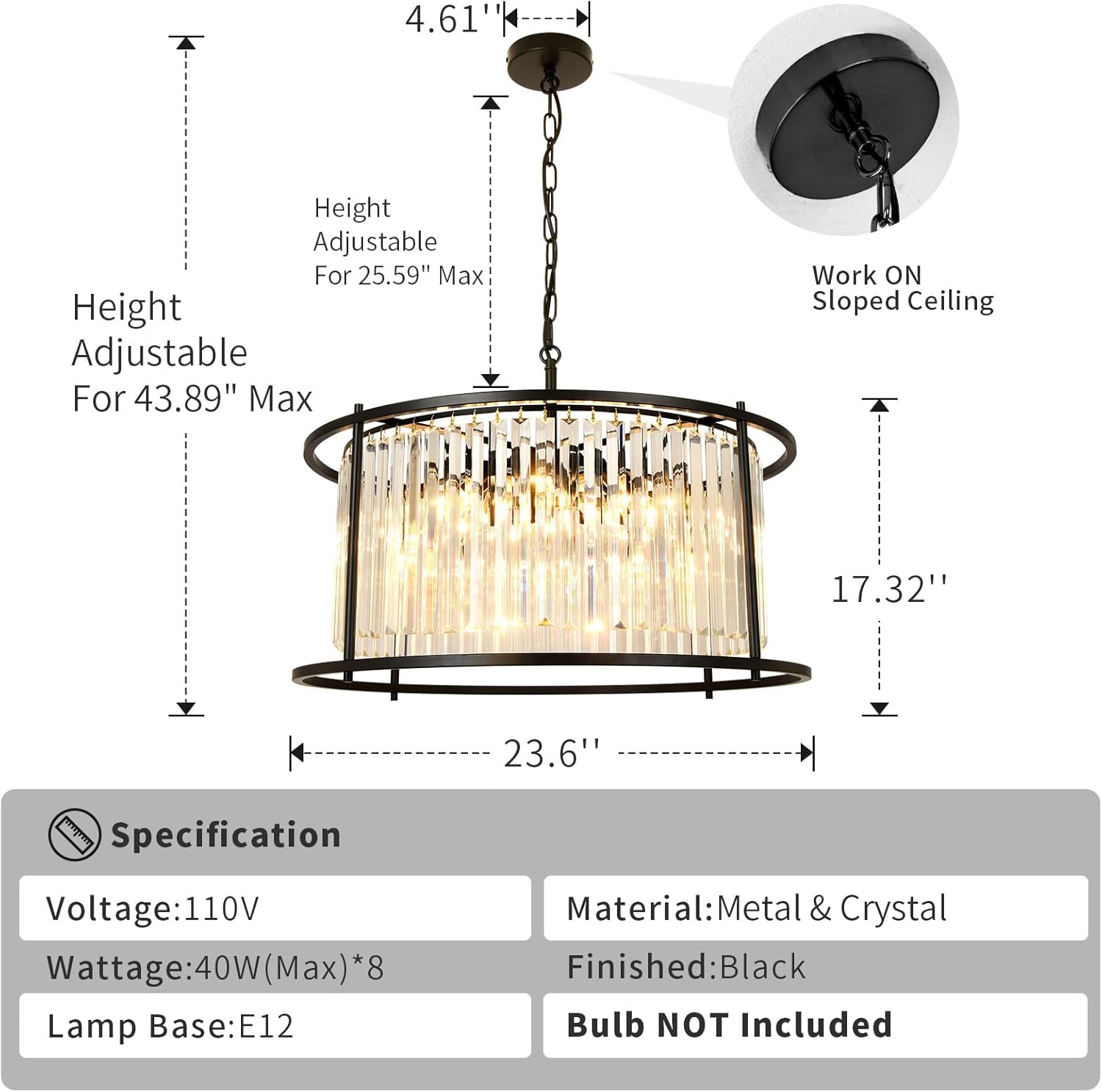 Lámpara de araña de cristal negro, lámpara colgante negra, lámpara redonda de 8 luces, lámparas de techo para comedor, sala de estar, dormitorio,