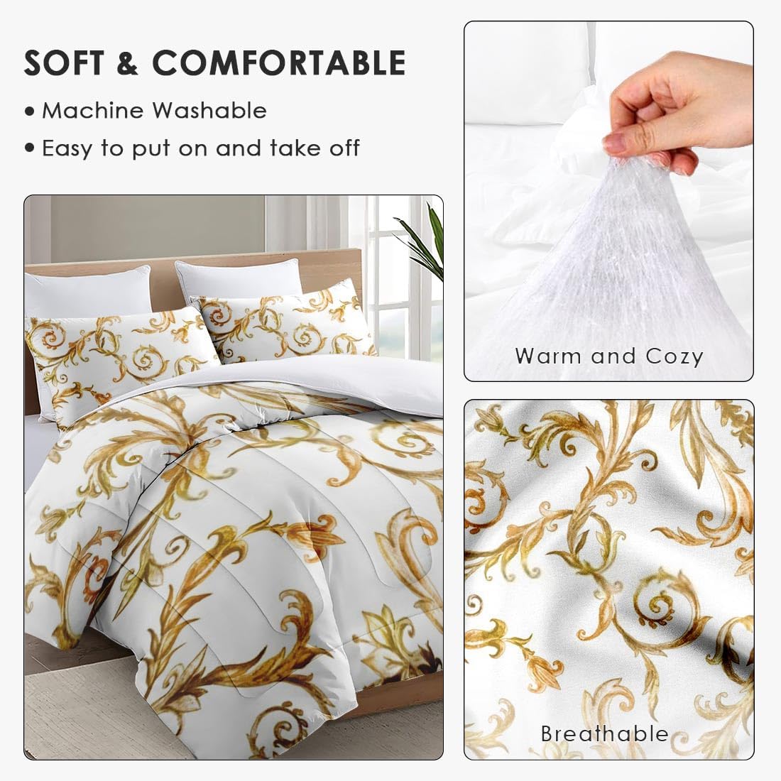 Juego de edredón tamaño King, edredón suave floral vintage dorado real para niños y adultos, juego de ropa de cama de lirio medieval de tulipanes