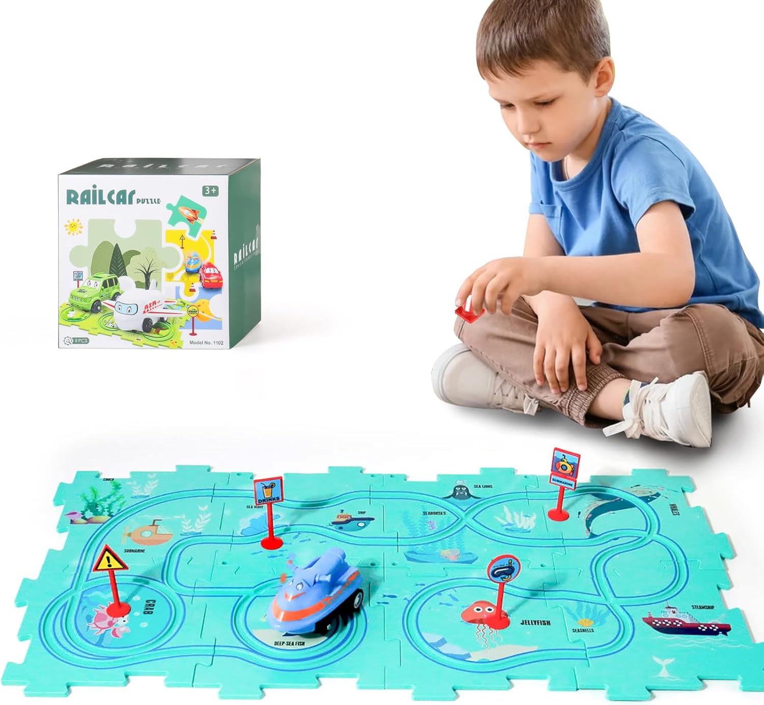 Juego de rompecabezas de coche de pista, rompecabezas de piso de plástico para niños de 3 a 5 años con vehículos, rompecabezas de carrito eléctrico,