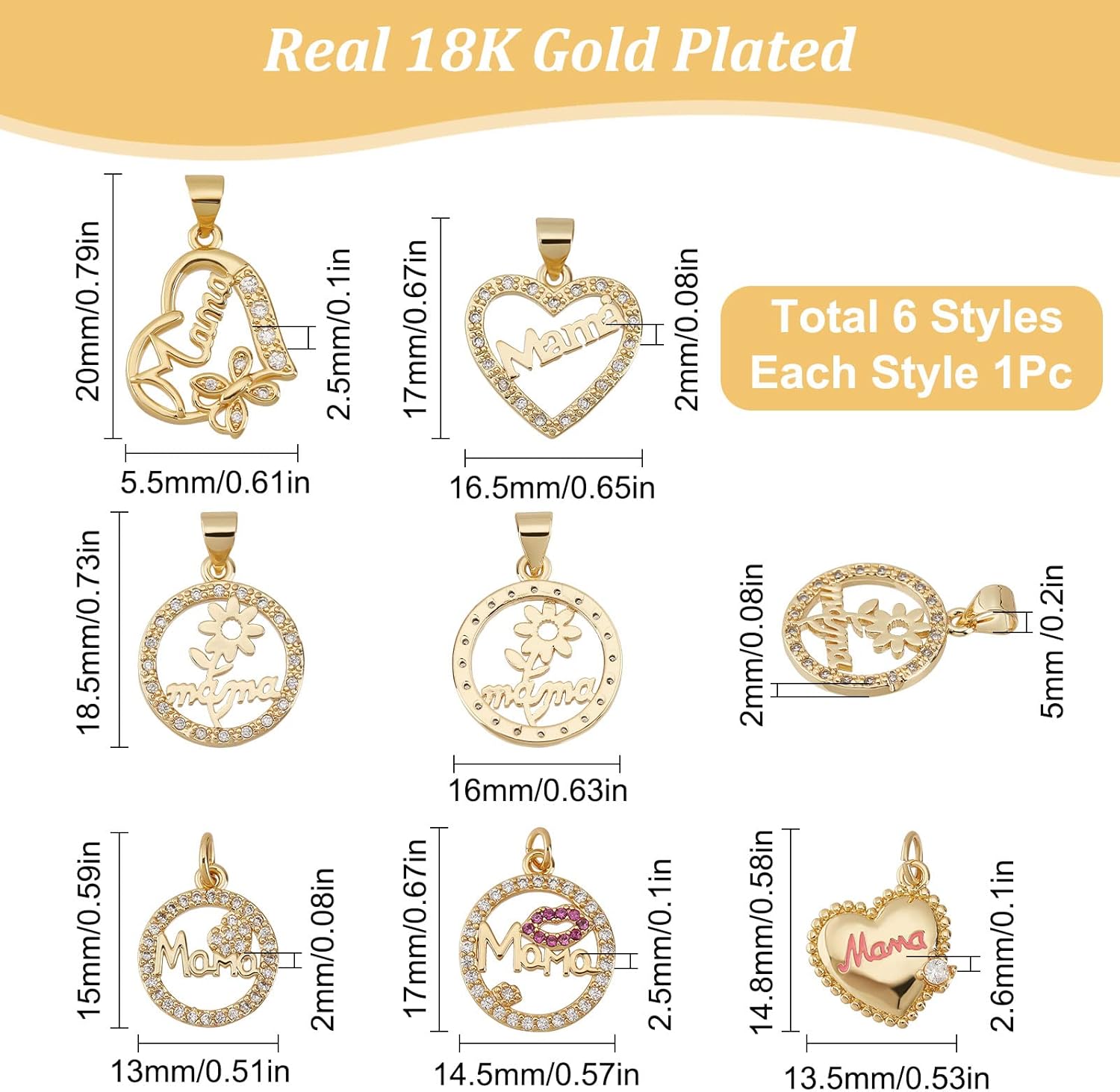 Beebeecraft 6 dijes chapados en oro de 18 quilates con forma de corazón redondo y plano para el Día de la Madre, Día de la Madre, cumpleaños,