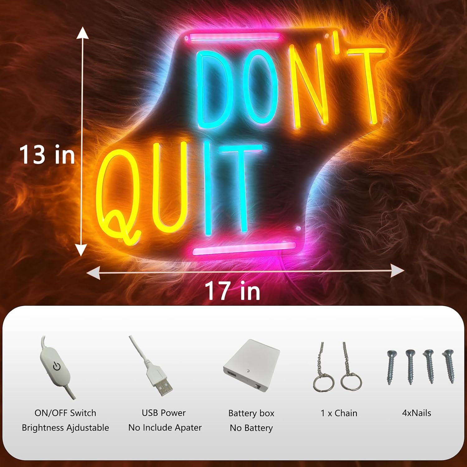 Letrero LED de neón con texto en inglés “Don’t Quit”, fuente de alimentación USB con interruptor de ajuste continuo, luces de neón, decoración de