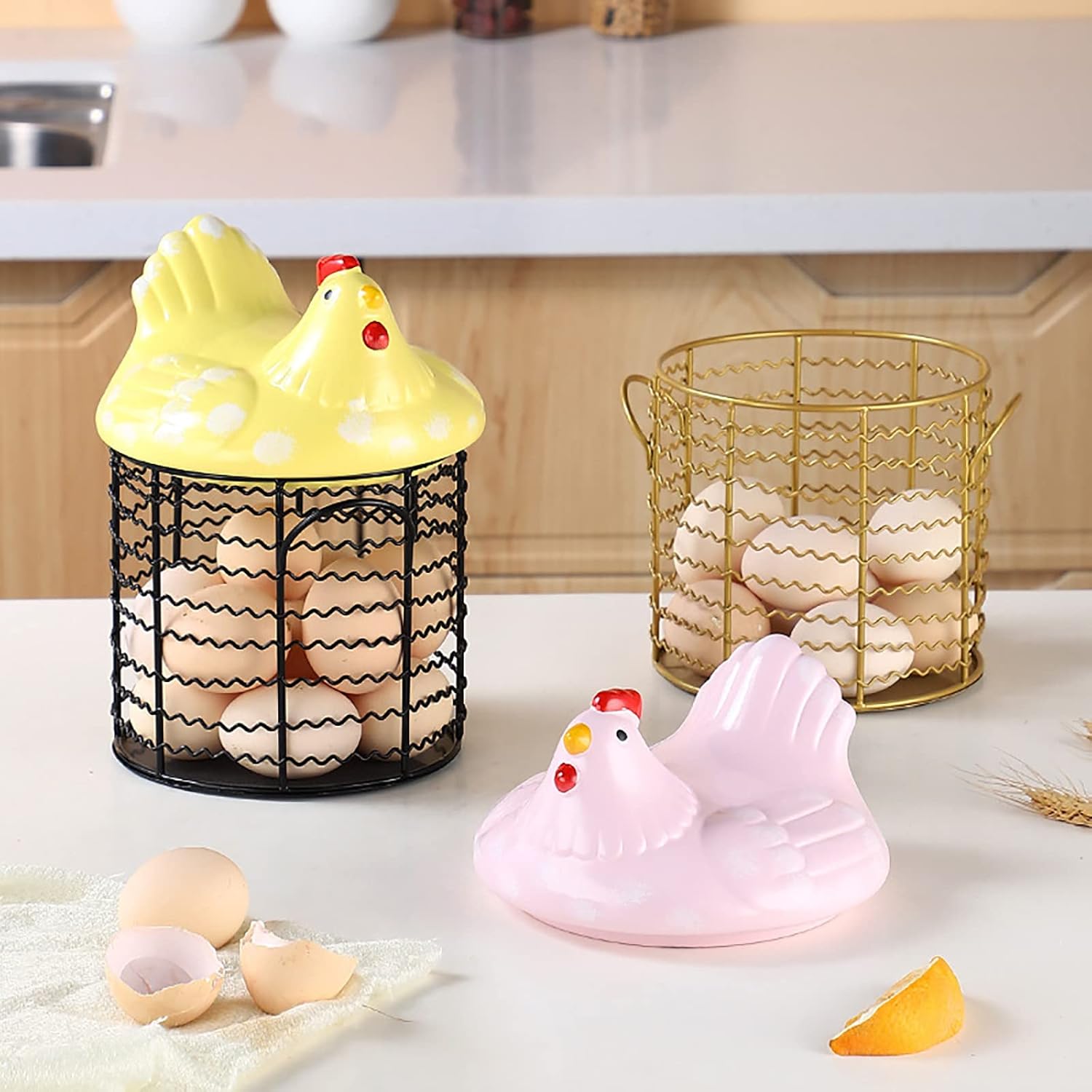 Soporte para huevos para refrigerador, tapa en forma de pollo de cerámica, cesta de alambre redonda, asa inferior, caja de huevos de alambre de