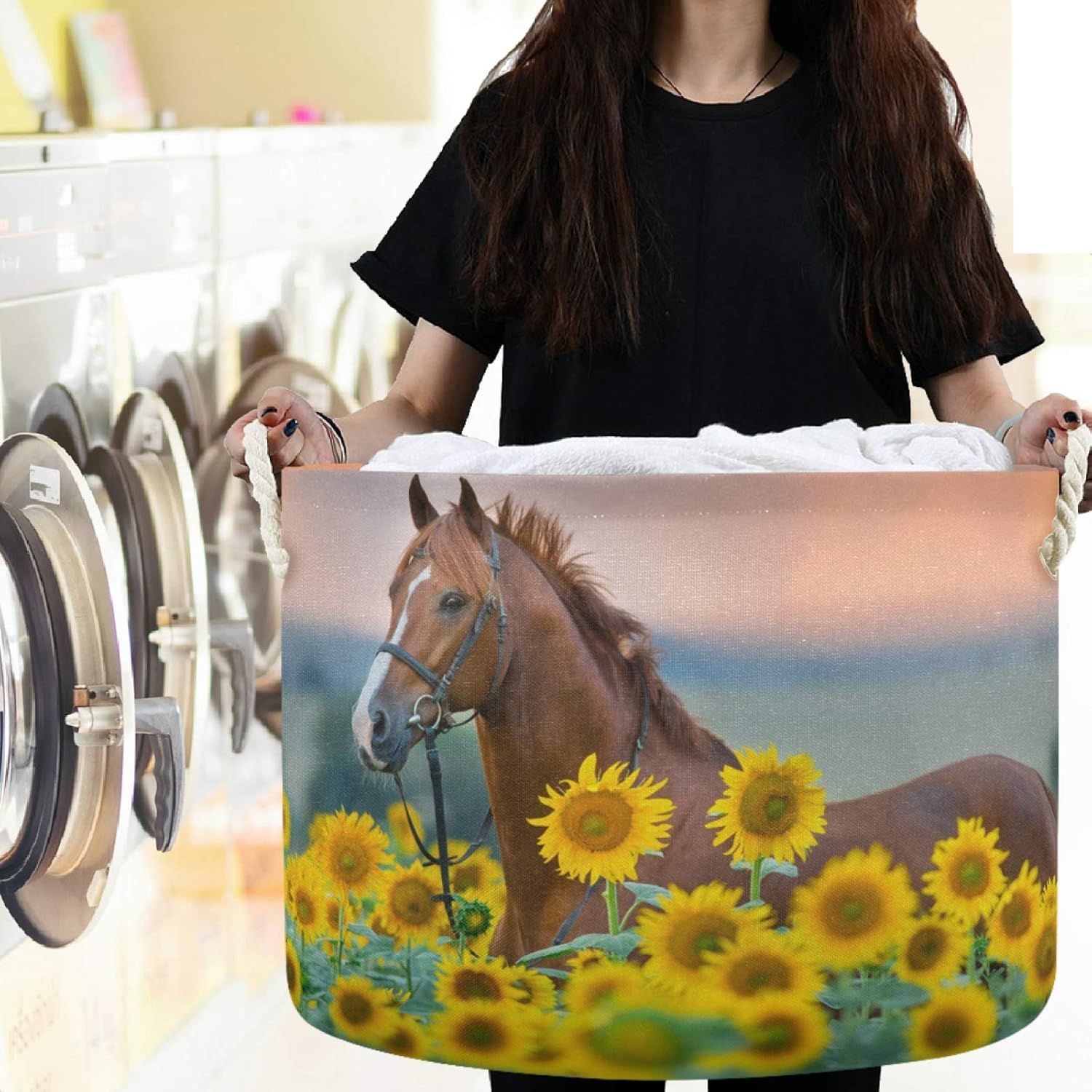 visesunny Cesta de almacenamiento de caballo rojo, girasol, cesta para guardería, organizador de ropa, juguetes, bolsa de lavandería plegable para