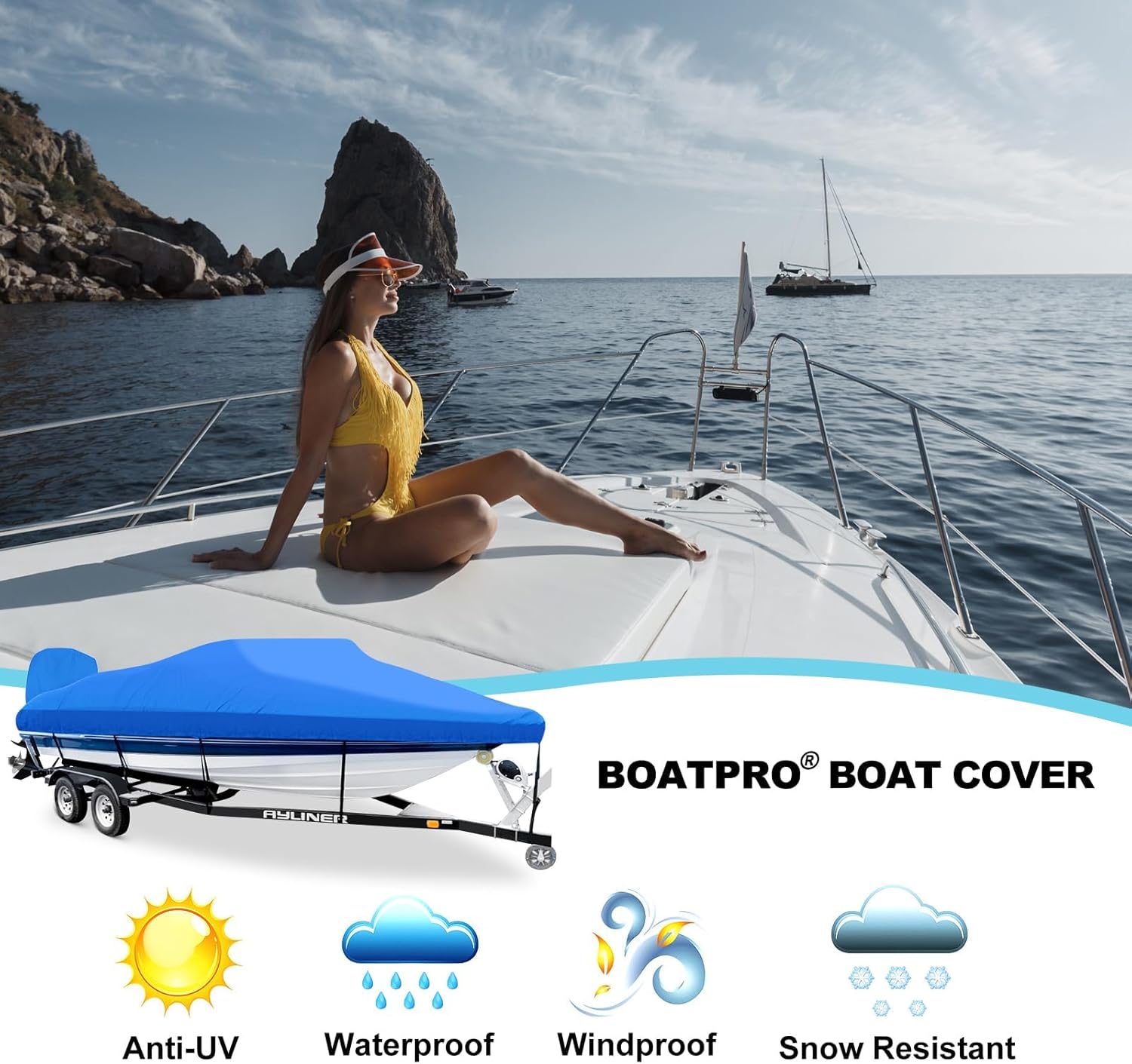 Boatpro Funda para lancha remolcable de 17 a 19 pies con cubierta de motor fuera de borda, lona marina 900D, impermeable, resistente para lanchas de