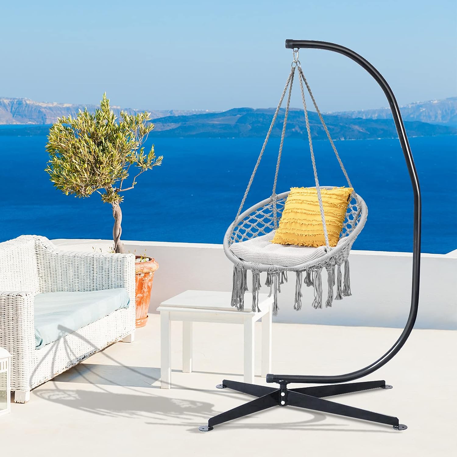 Giantex Hamaca Swing Silla con soporte, cuerda de algodón tejida a mano con soporte de acero sólido resistente C, hamaca colgante al aire libre para