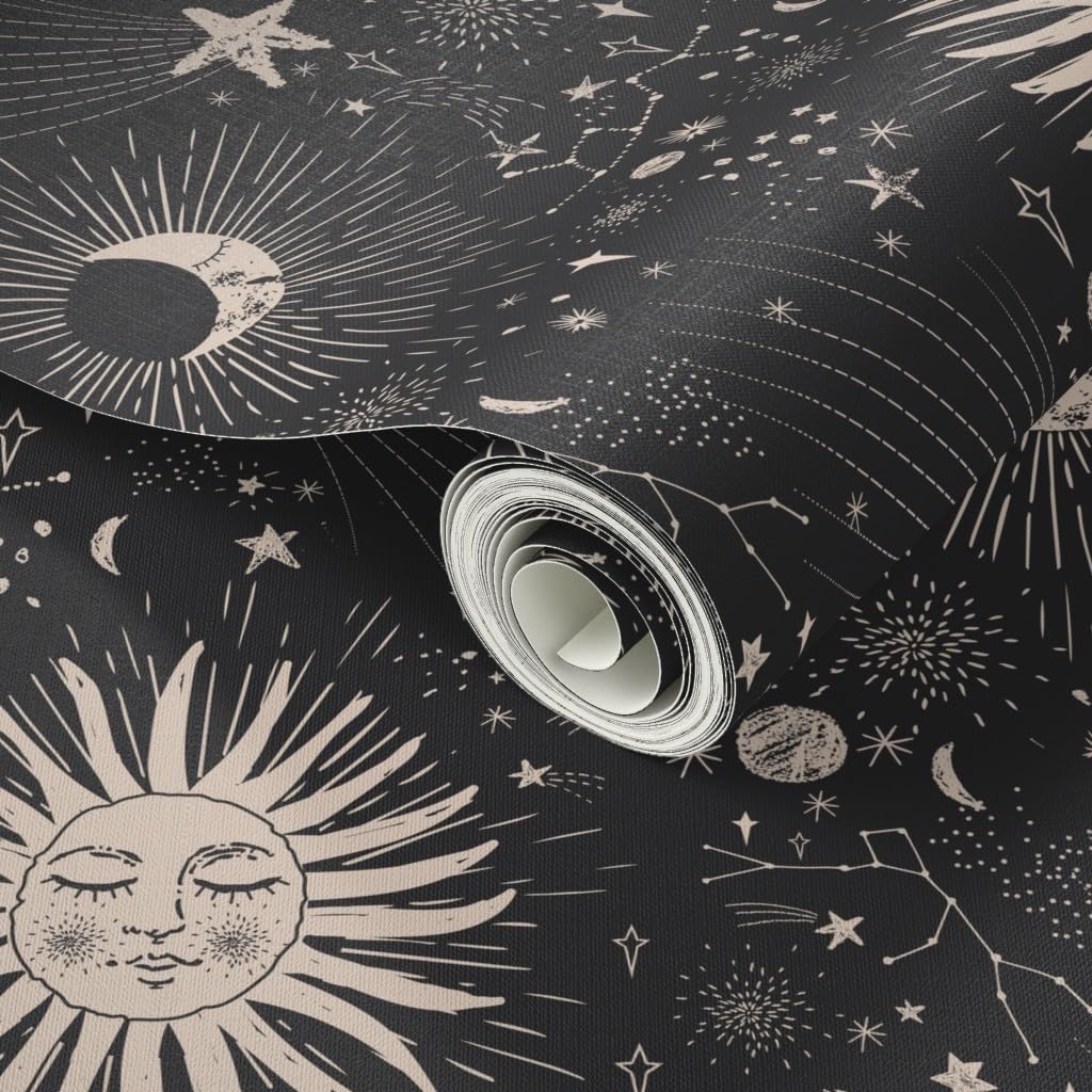 Spoonflower Papel tapiz para despegar y pegar – Boho Astronomía Celestial Astrología Negro Beige Bohemio Femenino Papel pintado extraíble