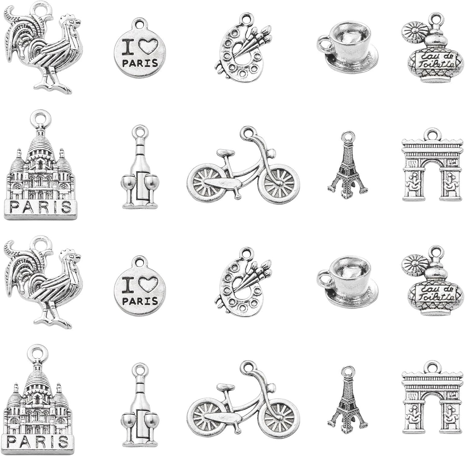 LiQunSweet 100 piezas de 10 estilos de estilo antiguo con temática de París Francia, taza de café, bicicleta, construcción, viajes, para hacer joyas