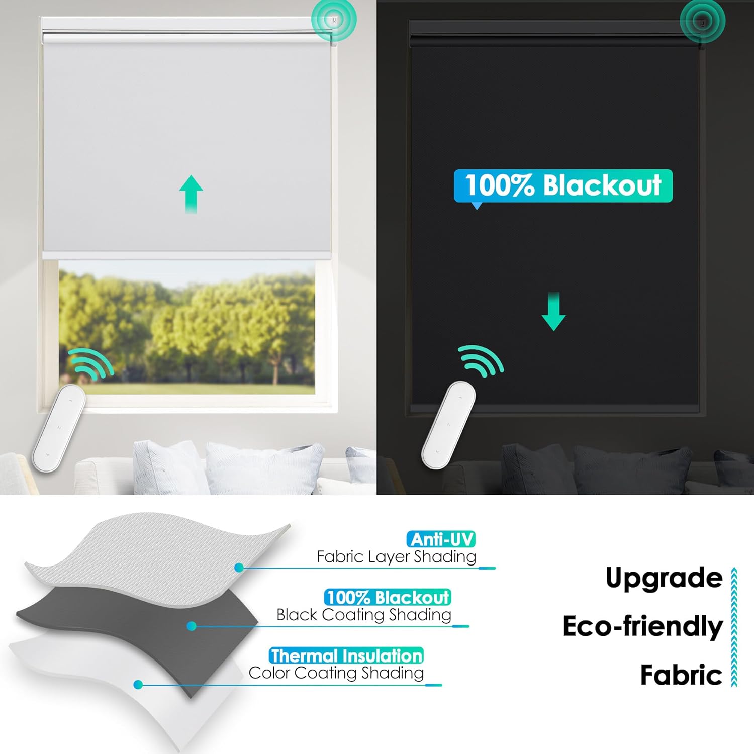 Allesin Persianas enrollables motorizadas con control remoto para ventanas, persiana enrollable inteligente opaca a pilas, para sala de estar,