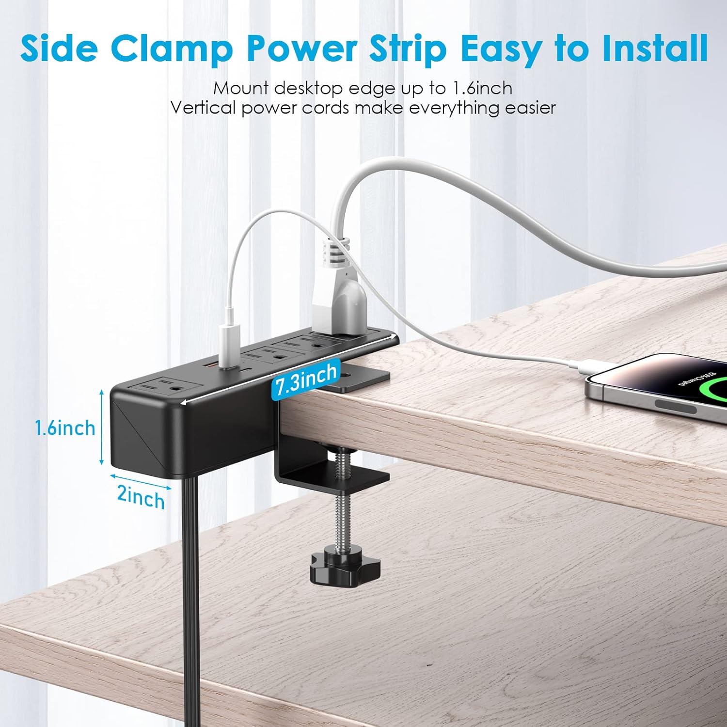 CCCEI Regleta de alimentación de abrazadera lateral de escritorio USB C de 45 W, toma de montaje de abrazadera de borde de tubo superior de