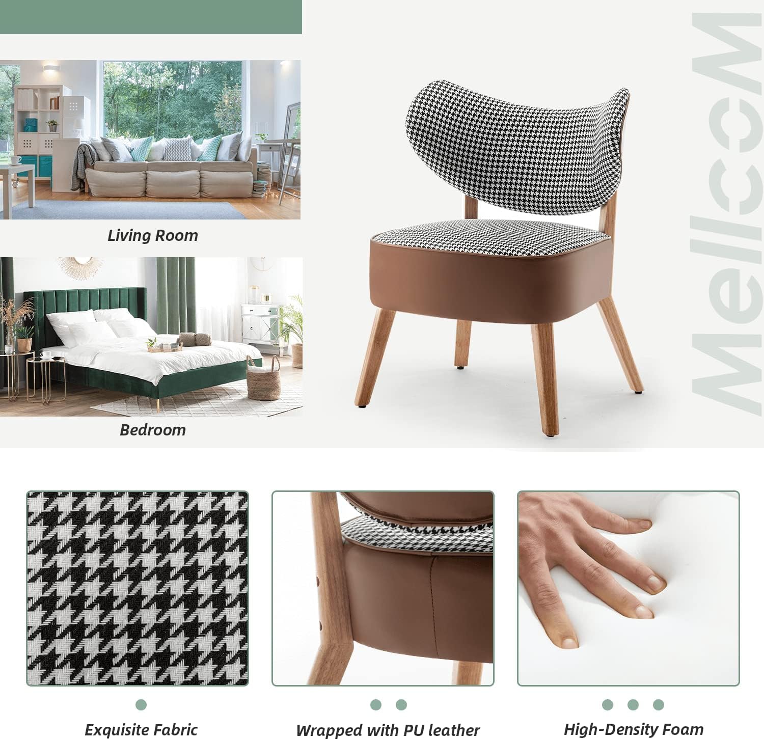 MELLCOM Juego de 2 sillas de comedor Mid-Century con marco de madera con cojín tapizado y decoración de piel sintética, sillas decorativas modernas