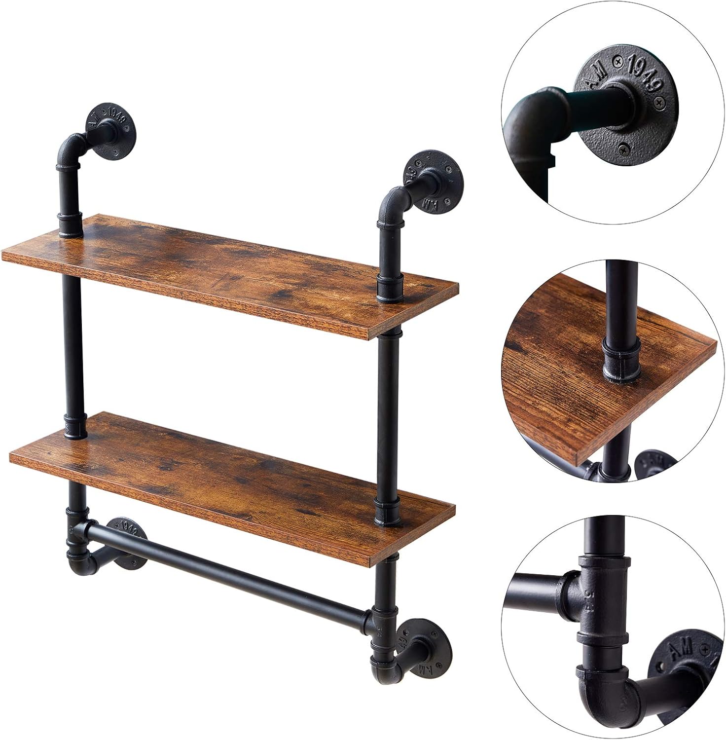 YMYNY Soporte de estante de tubo industrial, 2 niveles retro montado en la pared estante flotante, estantería de almacenamiento de bricolaje con