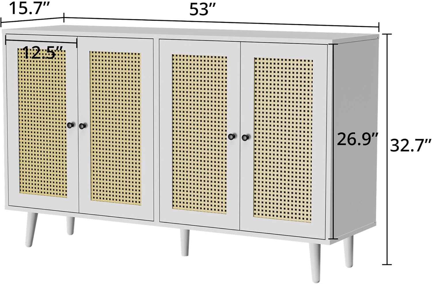 Cozy Castle Gabinete de buffet de ratán blanco con almacenamiento, aparador con 4 puertas de ratán, armario de almacenamiento para sala de estar,