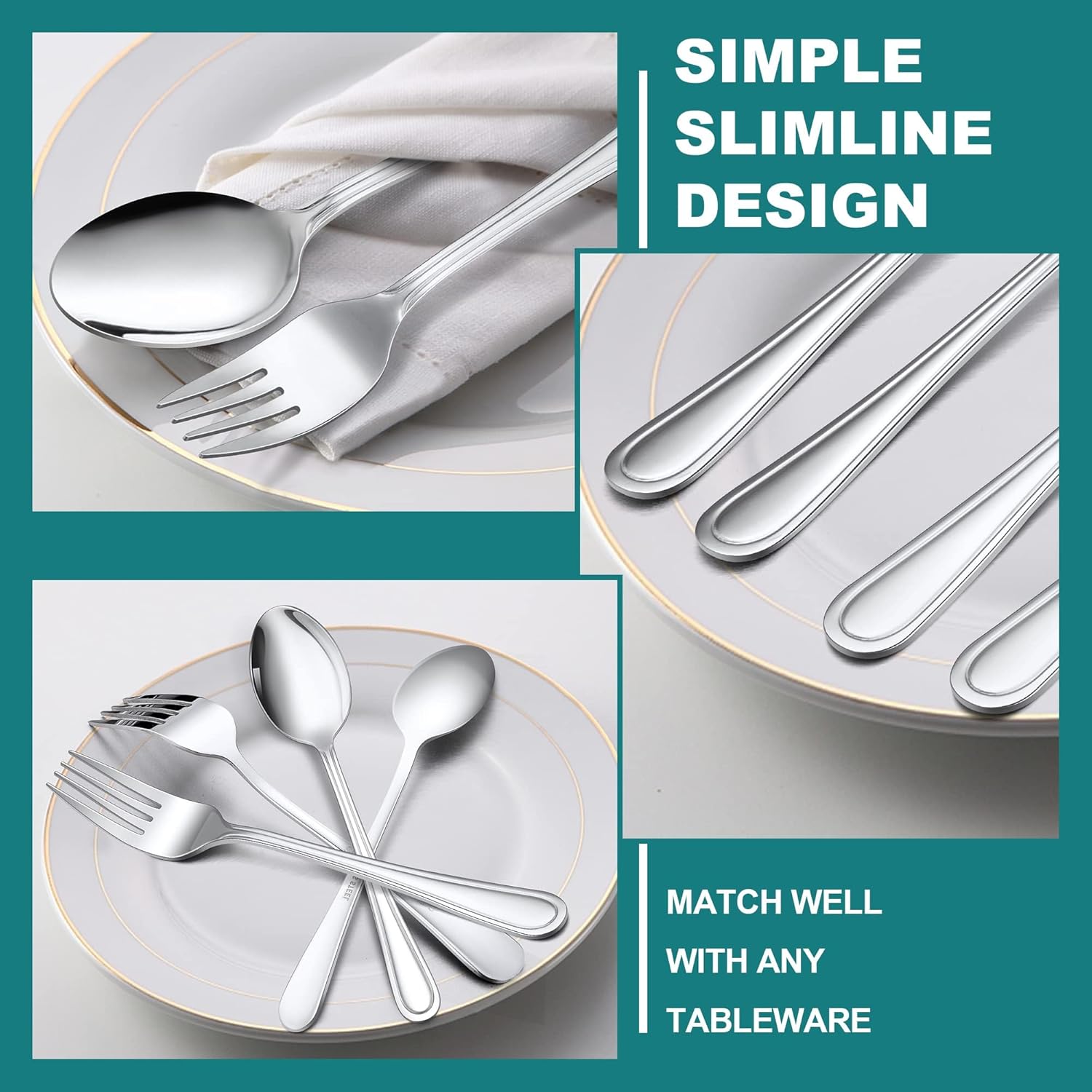 E-far – Juego de 16 cucharas y tenedores de acero inoxidable, 8 tenedores y 8 cucharas de cena, cubiertos de metal modernos para cocina y
