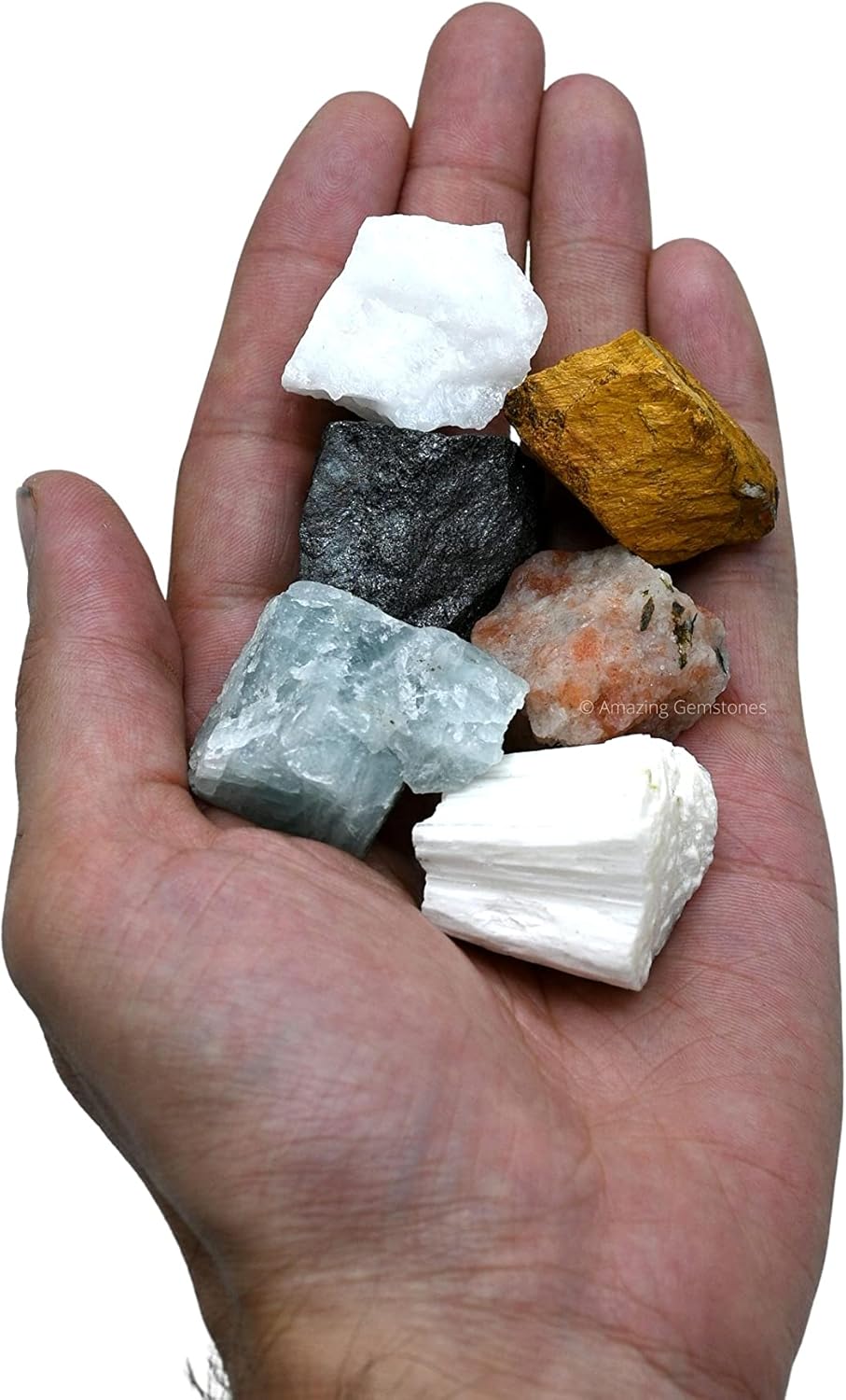 Cristales para niños, juego de 6 cristales curativos de ojo de tigre, aguamarina, cuarzo de nieve, hematita, escolecita y piedra solar