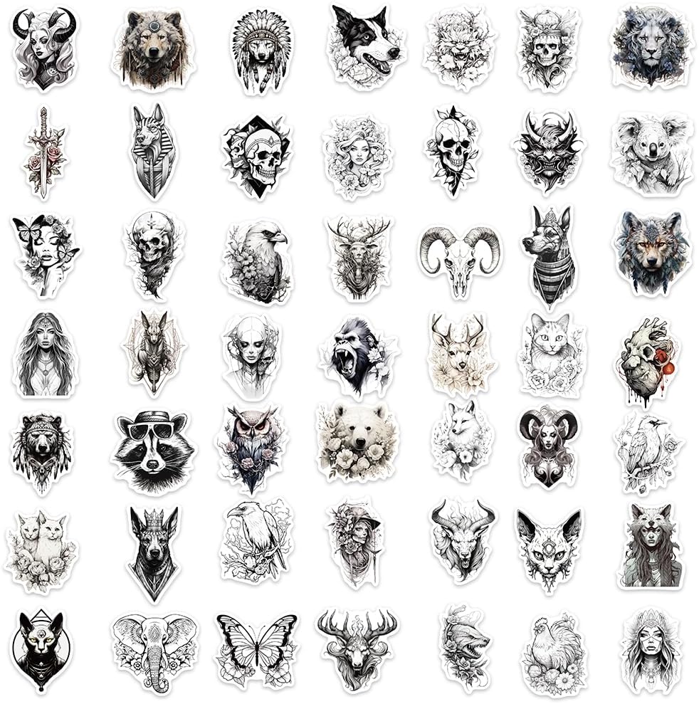 50 calcomanías en blanco y negro para botella de agua, calcomanías impermeables de animales de anime para laptop, hidrofrascos, monopatín, maleta,
