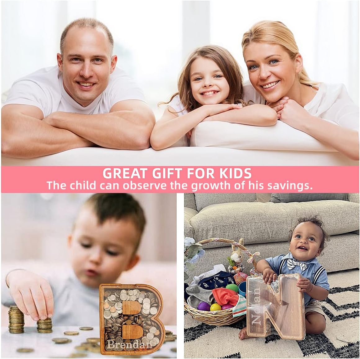 Alcancía de madera, letras personalizadas, banco de dinero para niños, caja de dinero grabada con texto, alcancía de madera, regalo para niños,