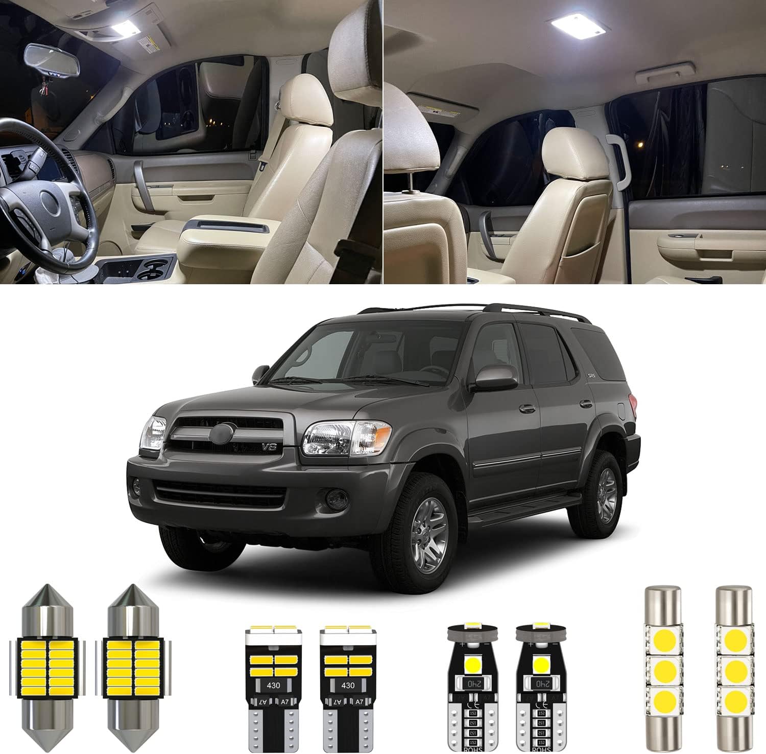 Kit de luz LED interior Sequoia blanca de 18 piezas de 6000 K de repuesto para Toyota Sequoia 2001 2002 2003 2004 2005 2006 2007, con diagrama de