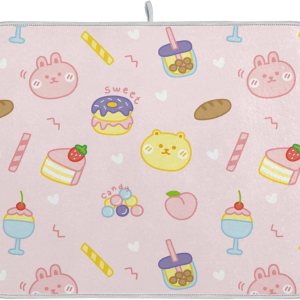 Cute Dessert Rabbit Donut Bubble Tea Peach Dish Mat Washnable Absorbent Kitchen Mat For Counter Drying Mats For Countertop Tapete Para Cocina 16” x Cute Dessert Rabbit Donut Bubble Tea Peach Dish Mat Washnable Absorbent Kitchen Mat For Counter Drying Mats For Countertop Tapete Para Cocina 16” x