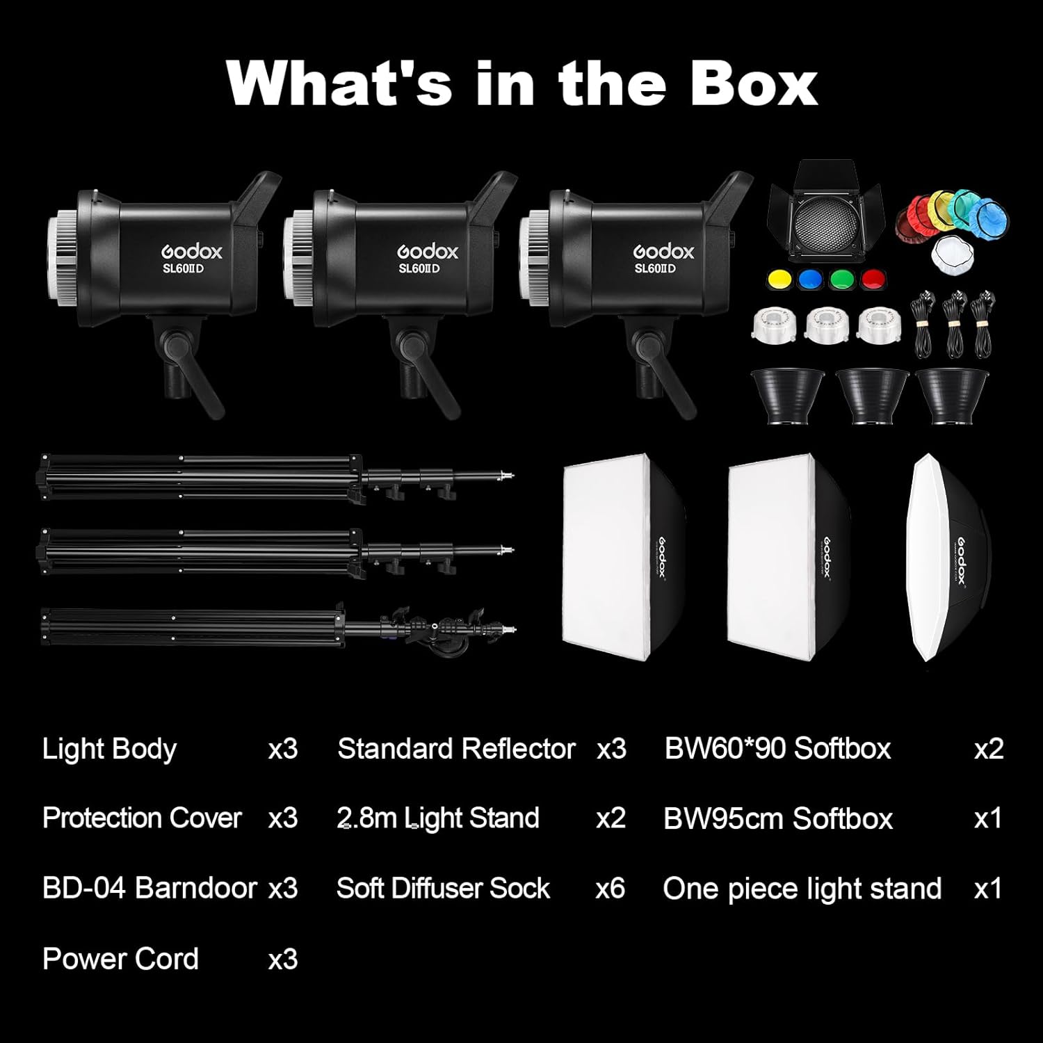 Godox Paquete de 3 luces LED SL60IID de video, 70 W, 5600 K  200 K, iluminación de estudio de fotografía con reflector, CRI96+, TLCI97+, 8 efectos