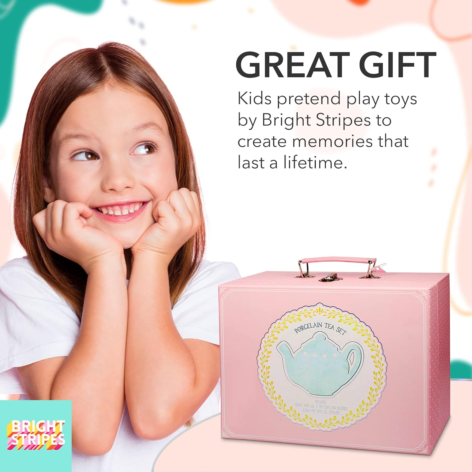 Juego de té de porcelana de 13 piezas para niños pequeños, juguetes de simulación con funda de transporte para diversión de fiesta de té, perfecto