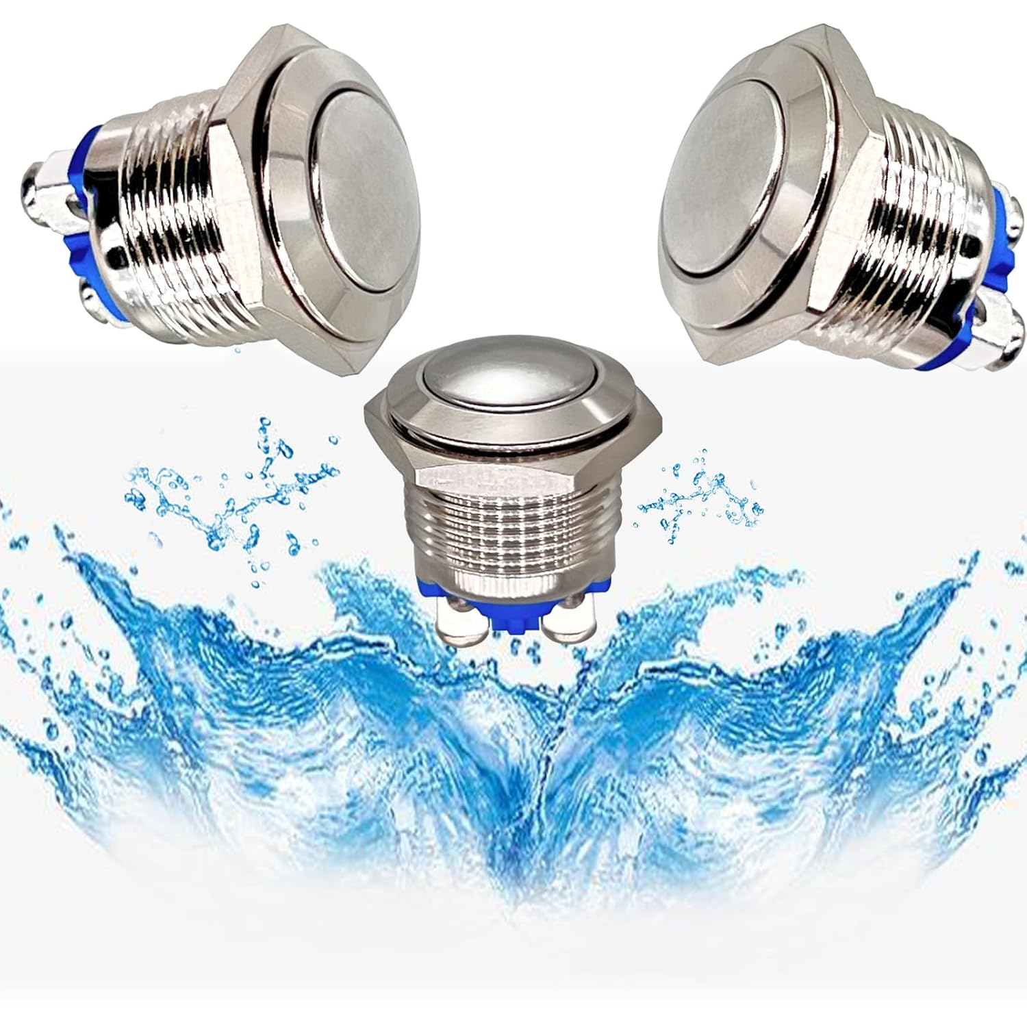Xnrtop Paquete de 2 interruptores momentáneos de botón de acero inoxidable resistente al agua, parte superior plana de metal de 12 V, 24 V, 36 CC