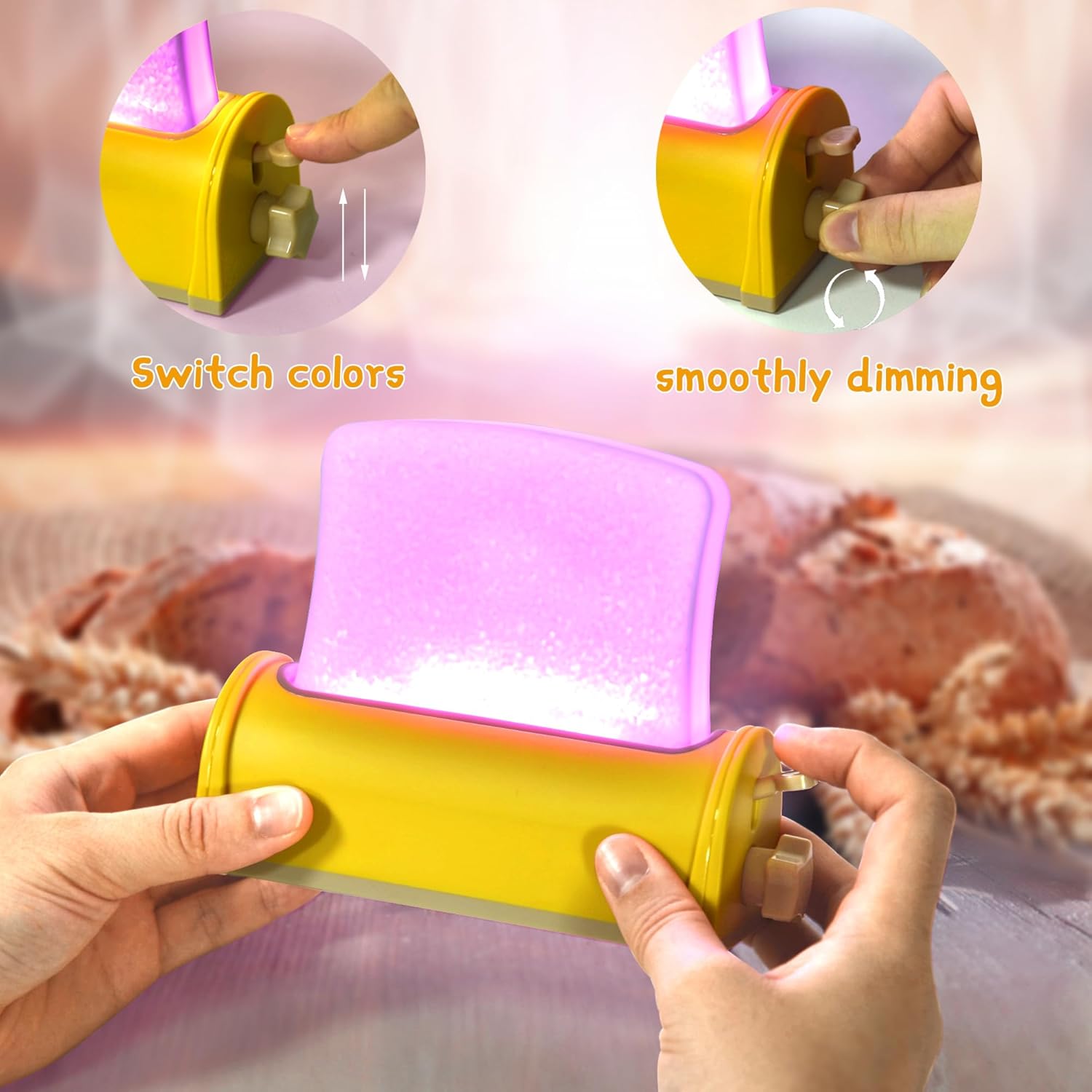 Luz nocturna emulada de pan tostado, luz blanca cálida suave y luz LED de 7 colores, lámpara de noche regulable para niños, batería recargable y