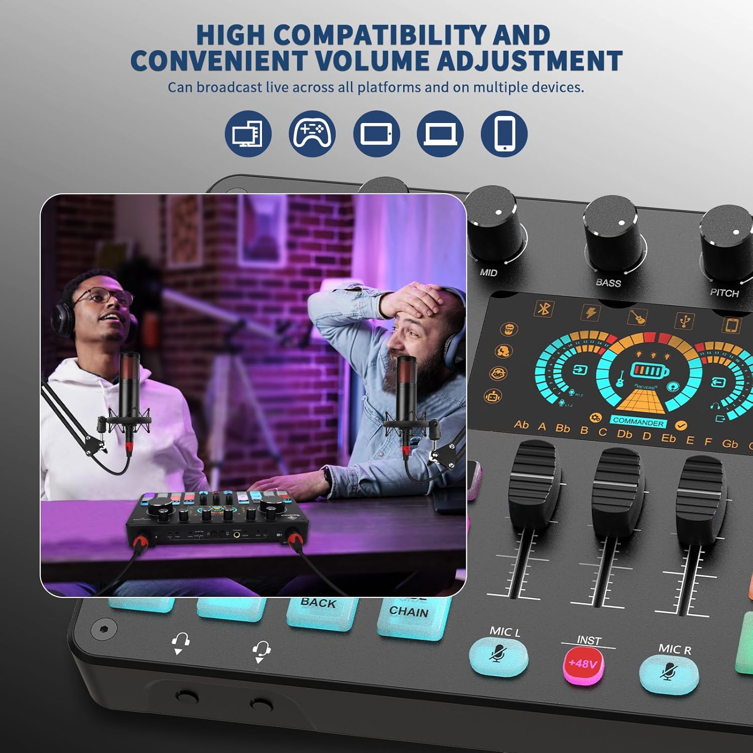 Paquete de equipo de podcast para 2, mezclador de DJ de interfaz de audio con micrófono de podcast de 48 V, equipo de estudio de grabación para