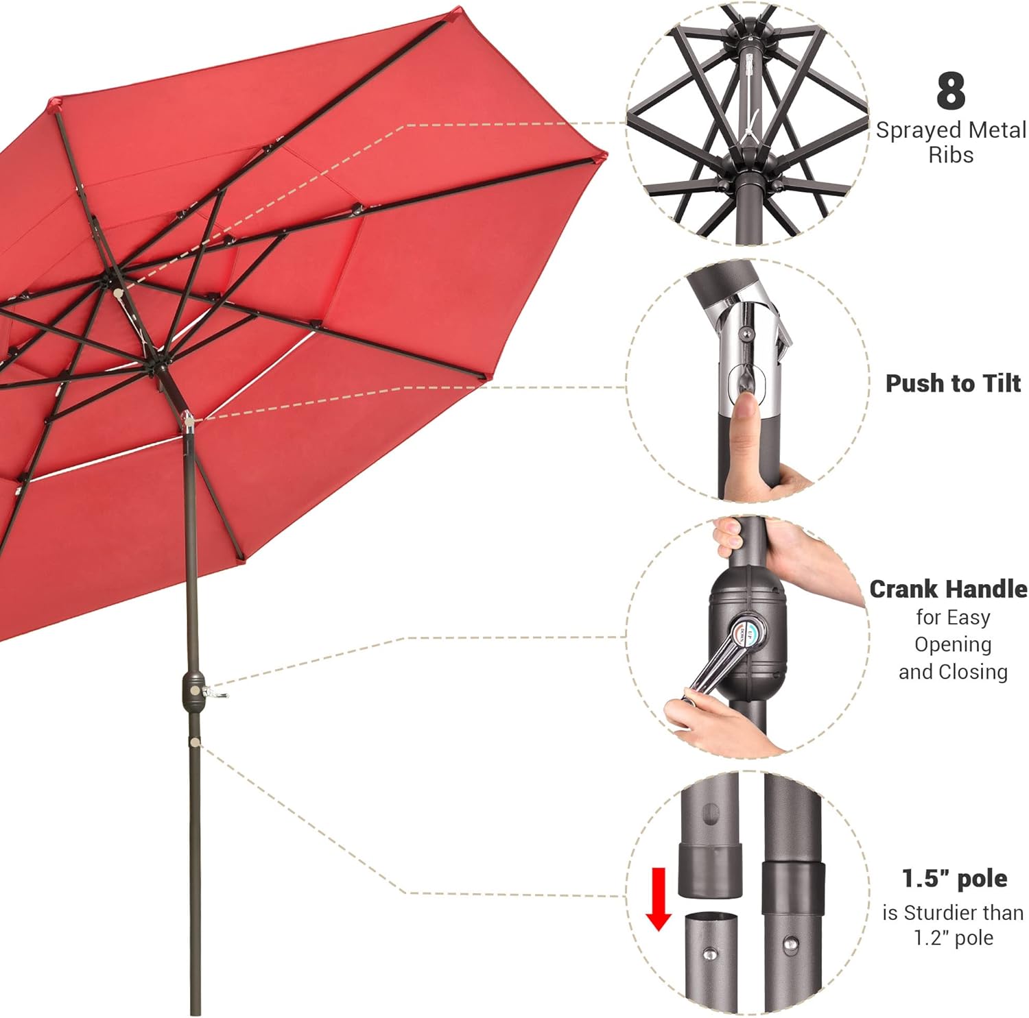 Yescom UV70+ – Sombrilla de patio de 3 niveles de 11 pies con manivela para empujar para inclinar, para jardín al aire libre, patio trasero, mesa de