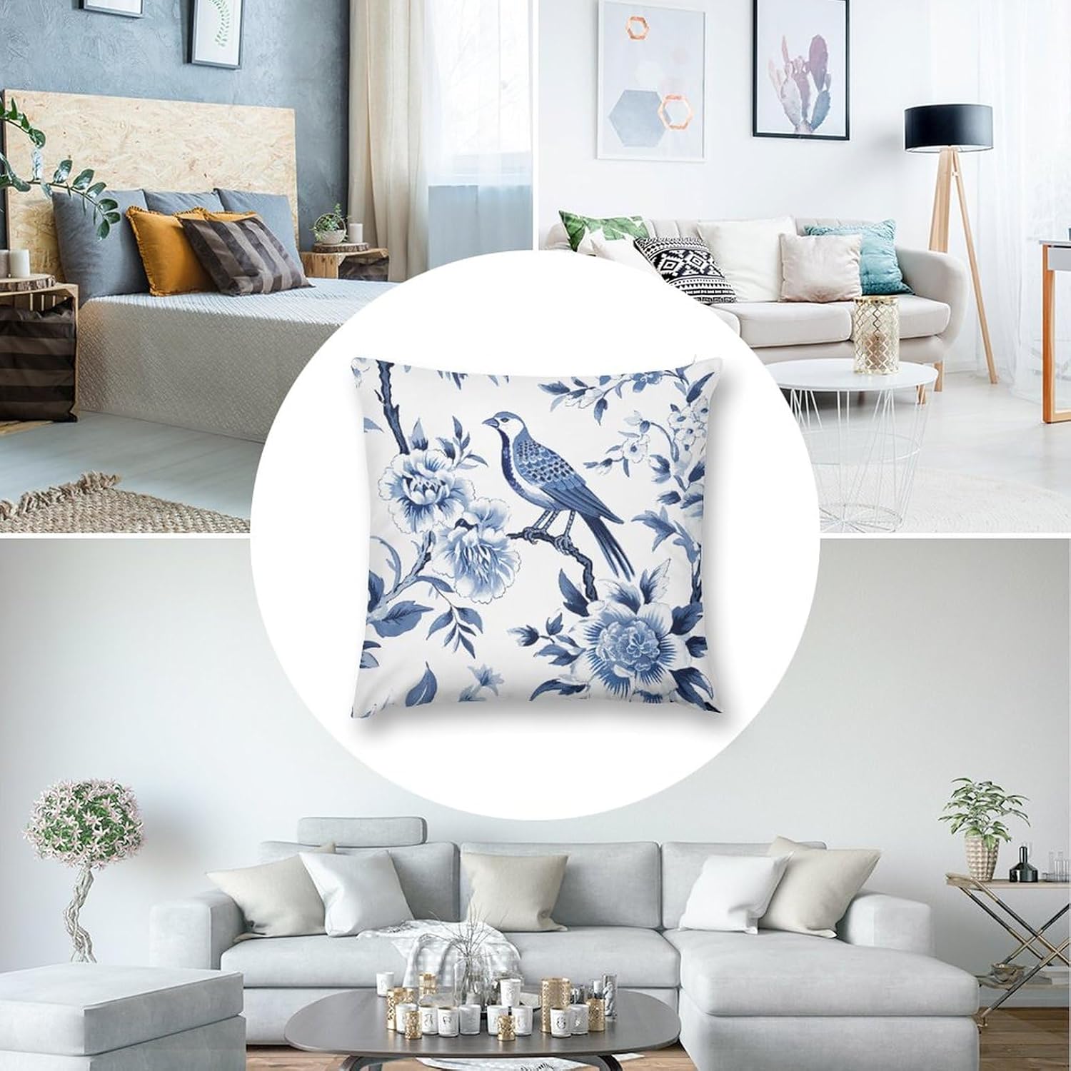 Funda de almohada floral de pájaro de terciopelo azul índigo, fundas de cojín chinoiserie, fundas de almohada de granja para decoración del hogar