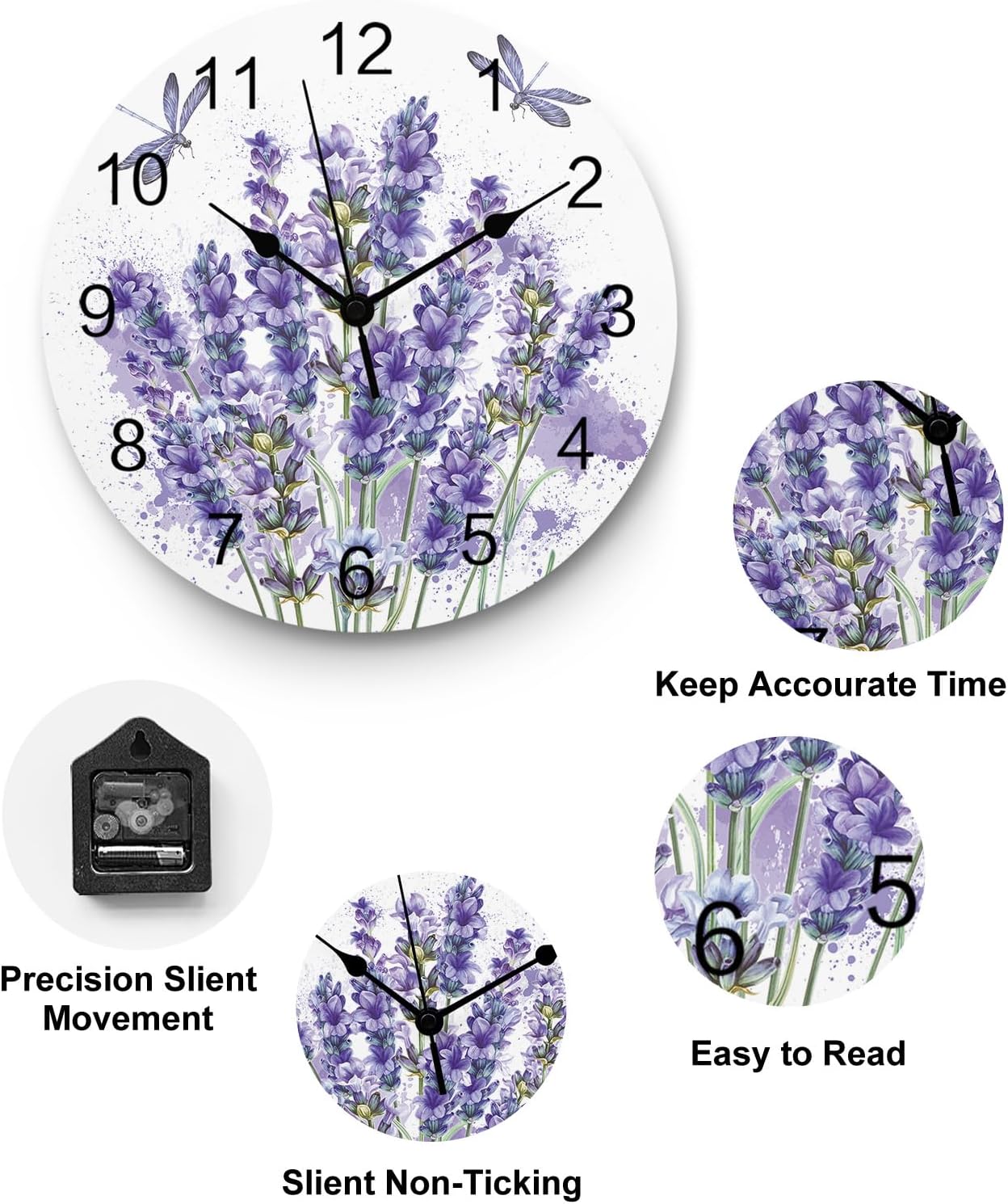 Reloj de pared de PVC con flores de lavanda, silencioso, sin tictac, funciona con pilas, reloj redondo para el hogar, sala de estar, oficina,