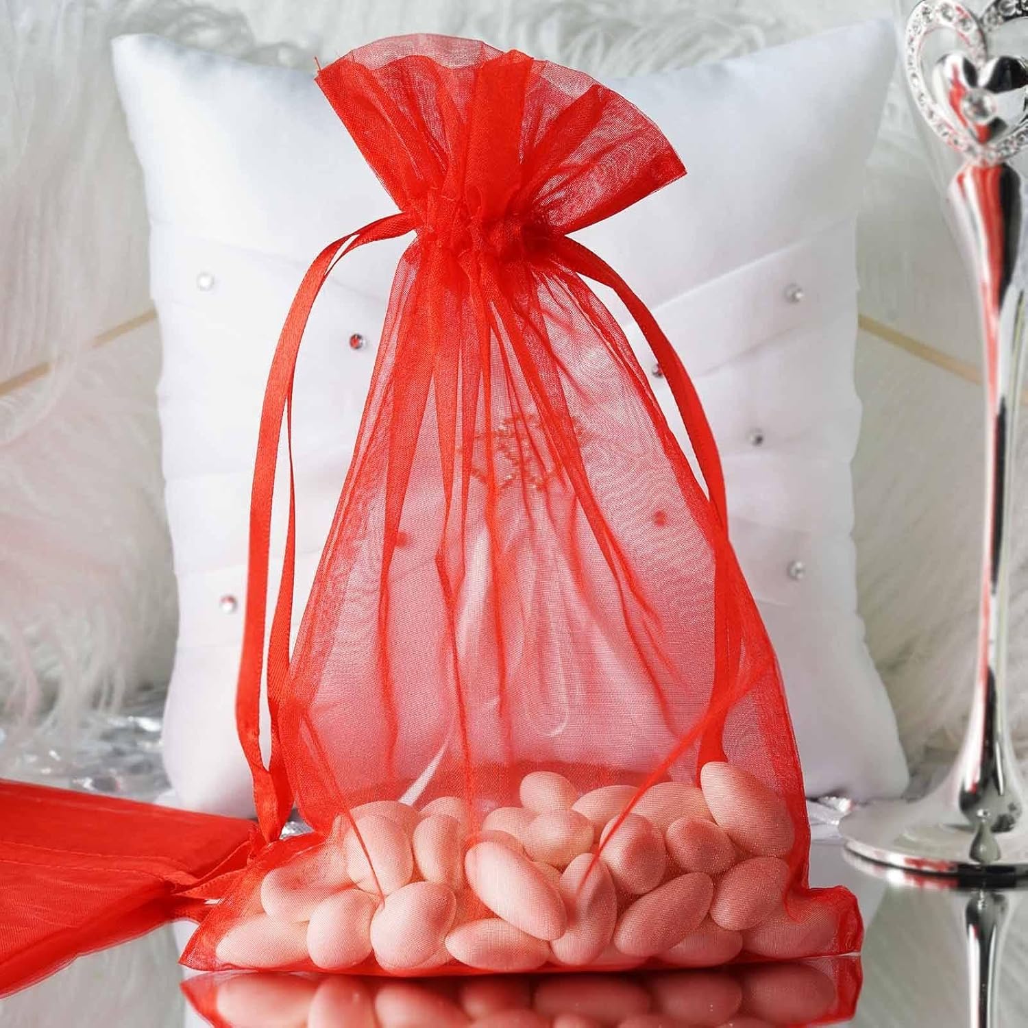 Efavormart – Paquete de 10 bolsas de organza roja con cordón de organza roja para regalo de boda, fiesta, paquete de 10 unidades