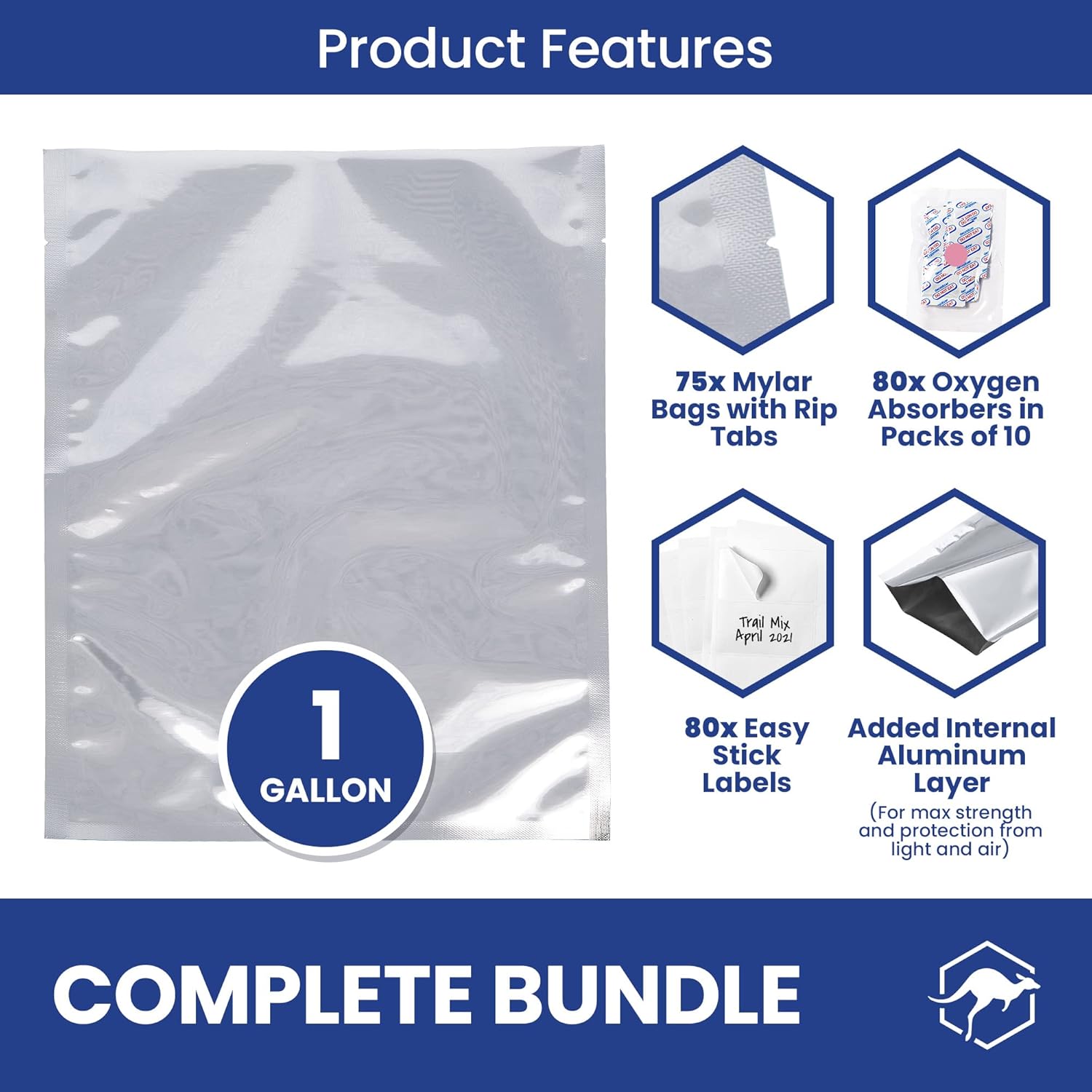 Wallaby – Paquete de 75 bolsas Mylar de 1 galón (5 mil, 10 x 14 pulgadas), 80 absorbentes de oxígeno de 400 cc, 80 etiquetas, sellables con calor,