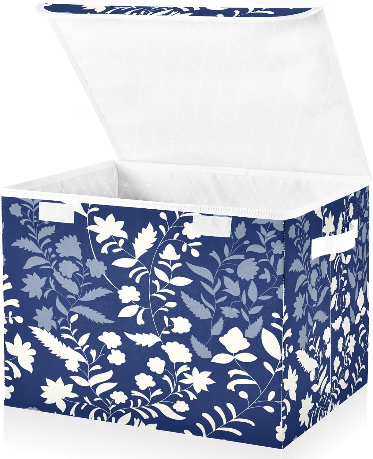 Caja de almacenamiento plegable de flores azules y blancas con tapa, organizador de armario con asa, lavable y apilable