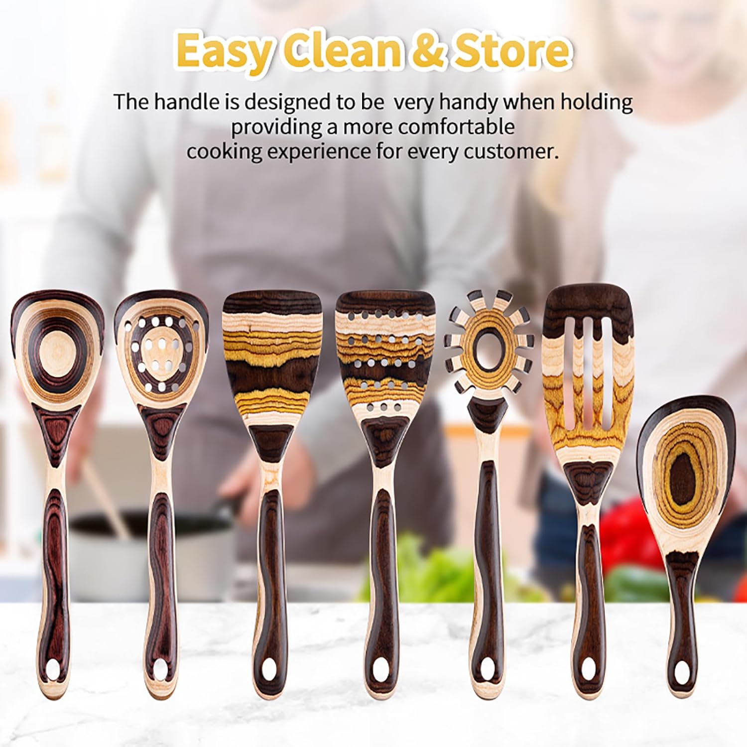 Gudamaye Juego de utensilios de madera de Pakkawood marrón de 7 piezas, resistentes, ecológicos, cuchara de madera para cocinar, utensilio de madera