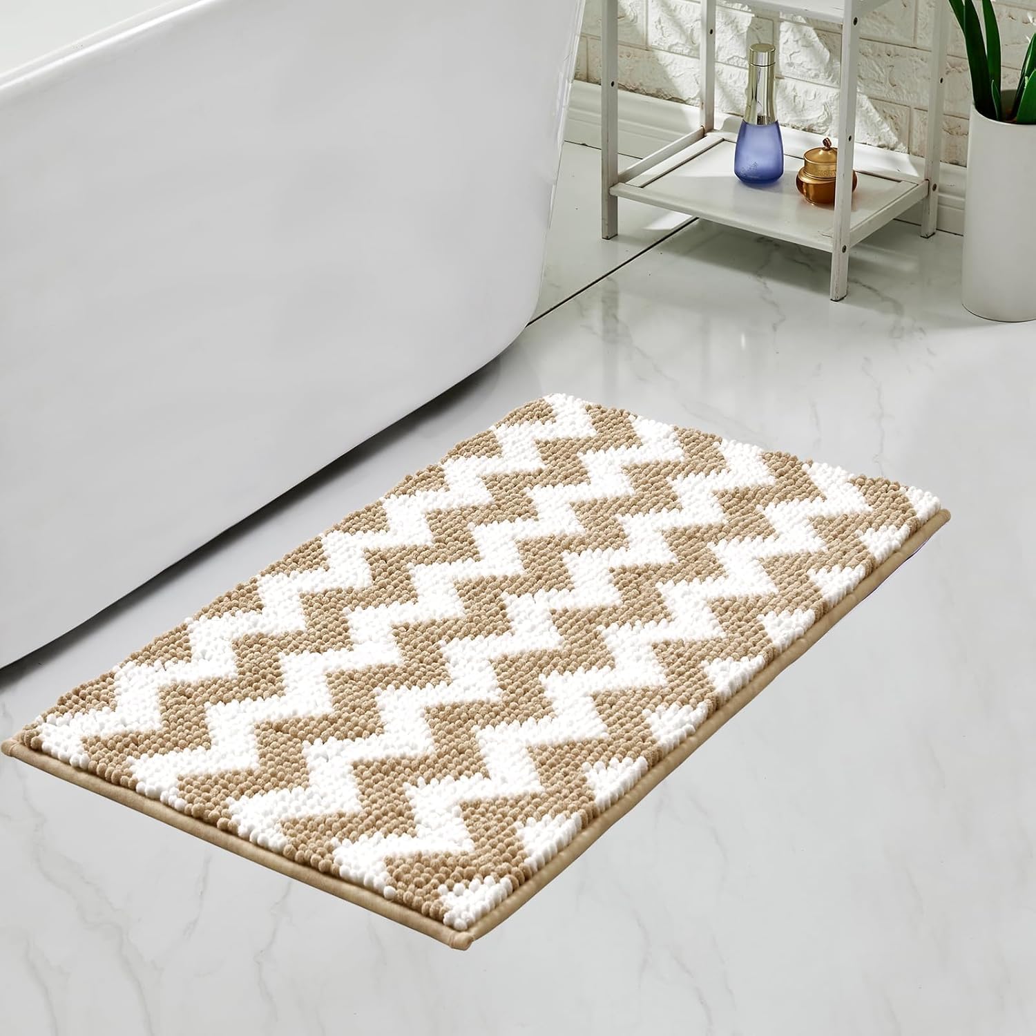 CozeCube Tapetes de baño de felpilla color beige con cheurón para baño, antideslizantes, peludas y absorbentes, de microfibra, extra suave, lavable